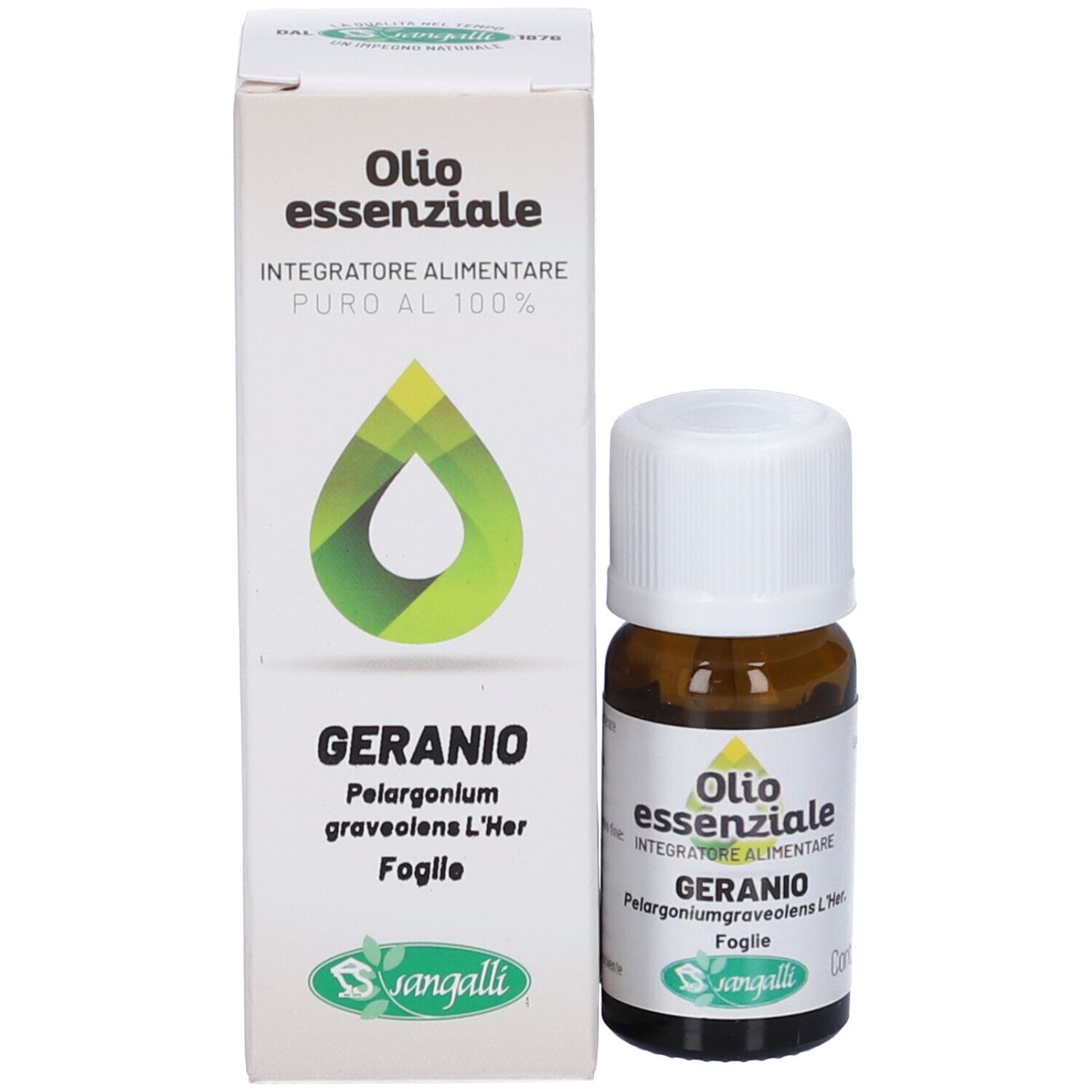 Flacone di olio essenziale di geranio e scatola.