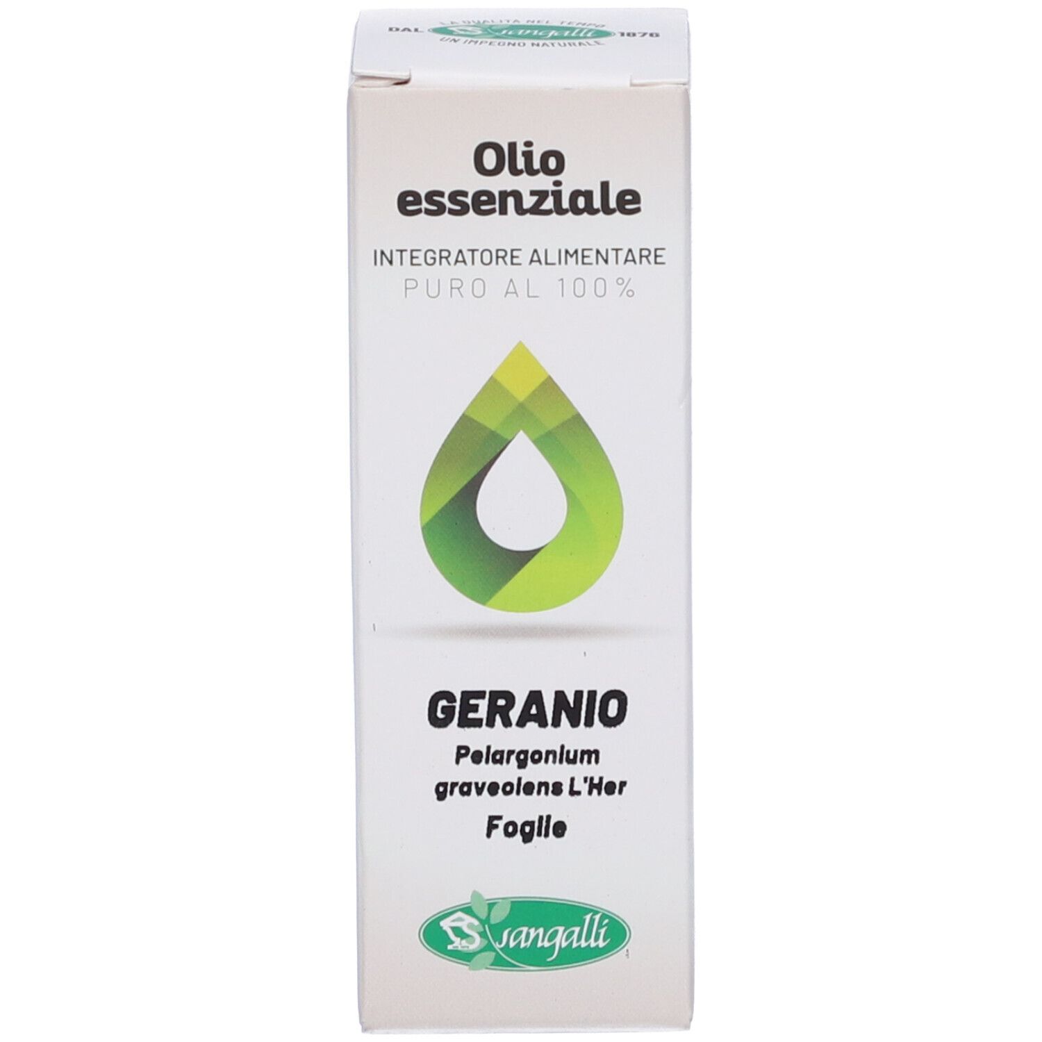 Flacone di olio essenziale di geranio e scatola.