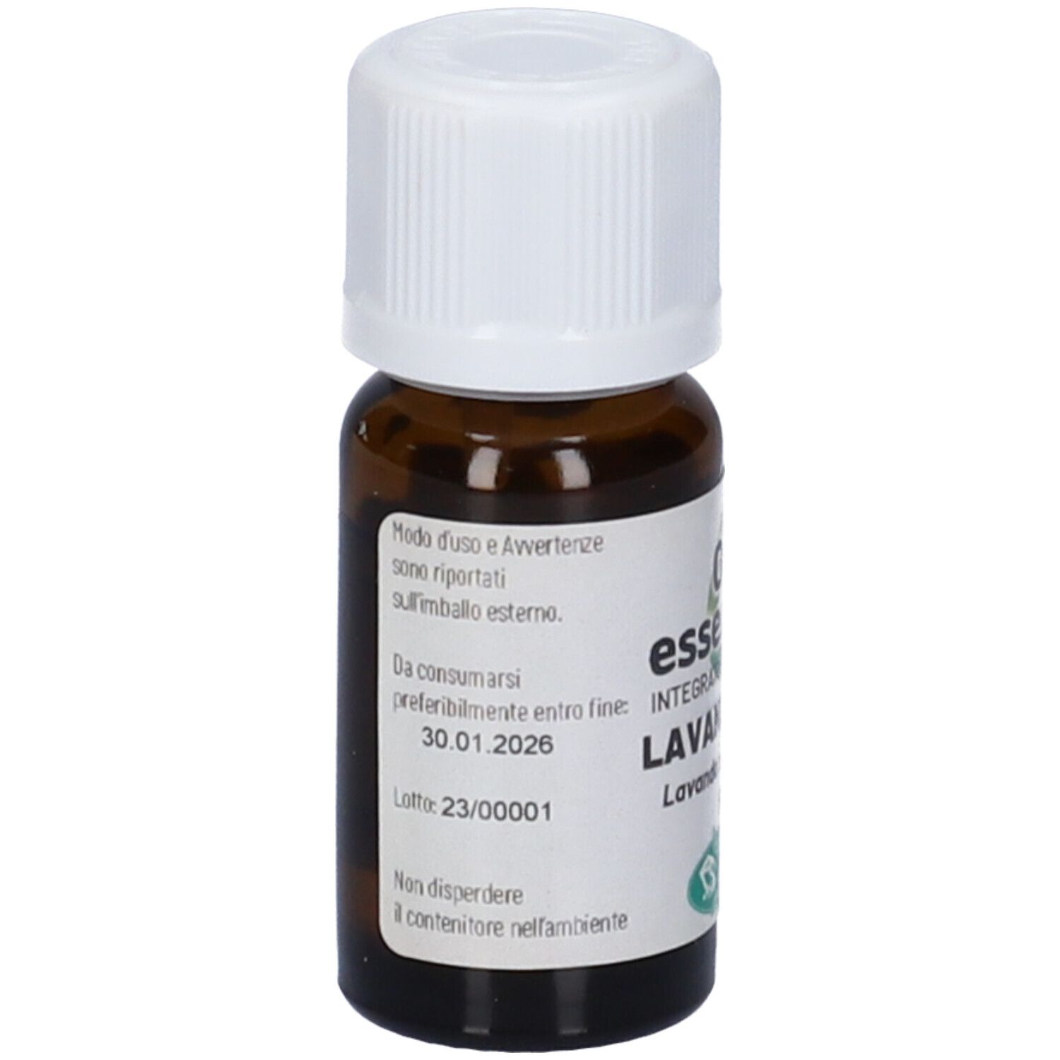 Flacone di vetro marrone con tappo bianco. Etichetta con testo e data di scadenza: 30.01.2026.
