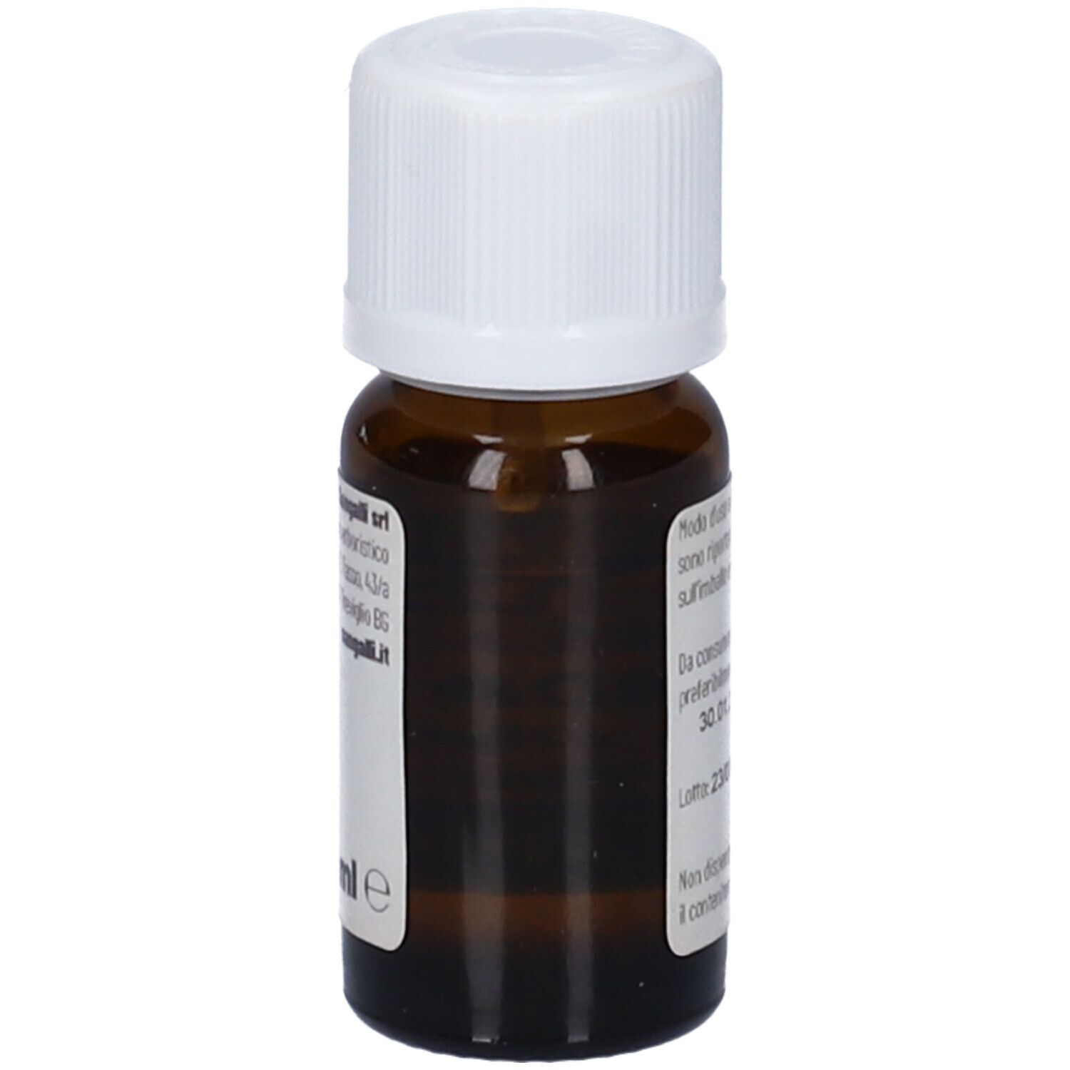 Flacone di vetro marrone con tappo bianco. Etichetta con testo e indirizzo del produttore.