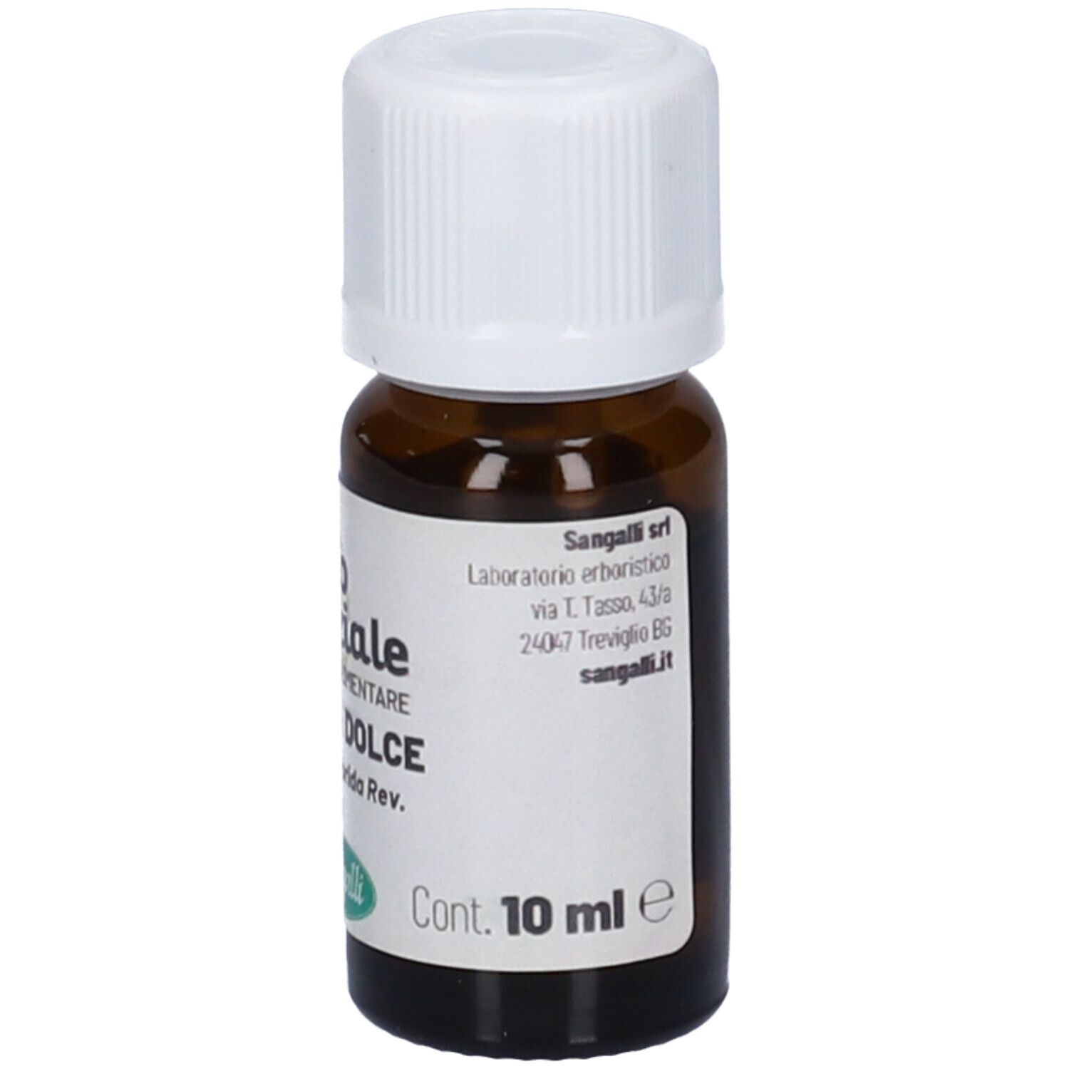 Flacone di vetro marrone con tappo bianco. Etichetta con testo: Olio essenziale, Lavanda Dolce, 10 ml.