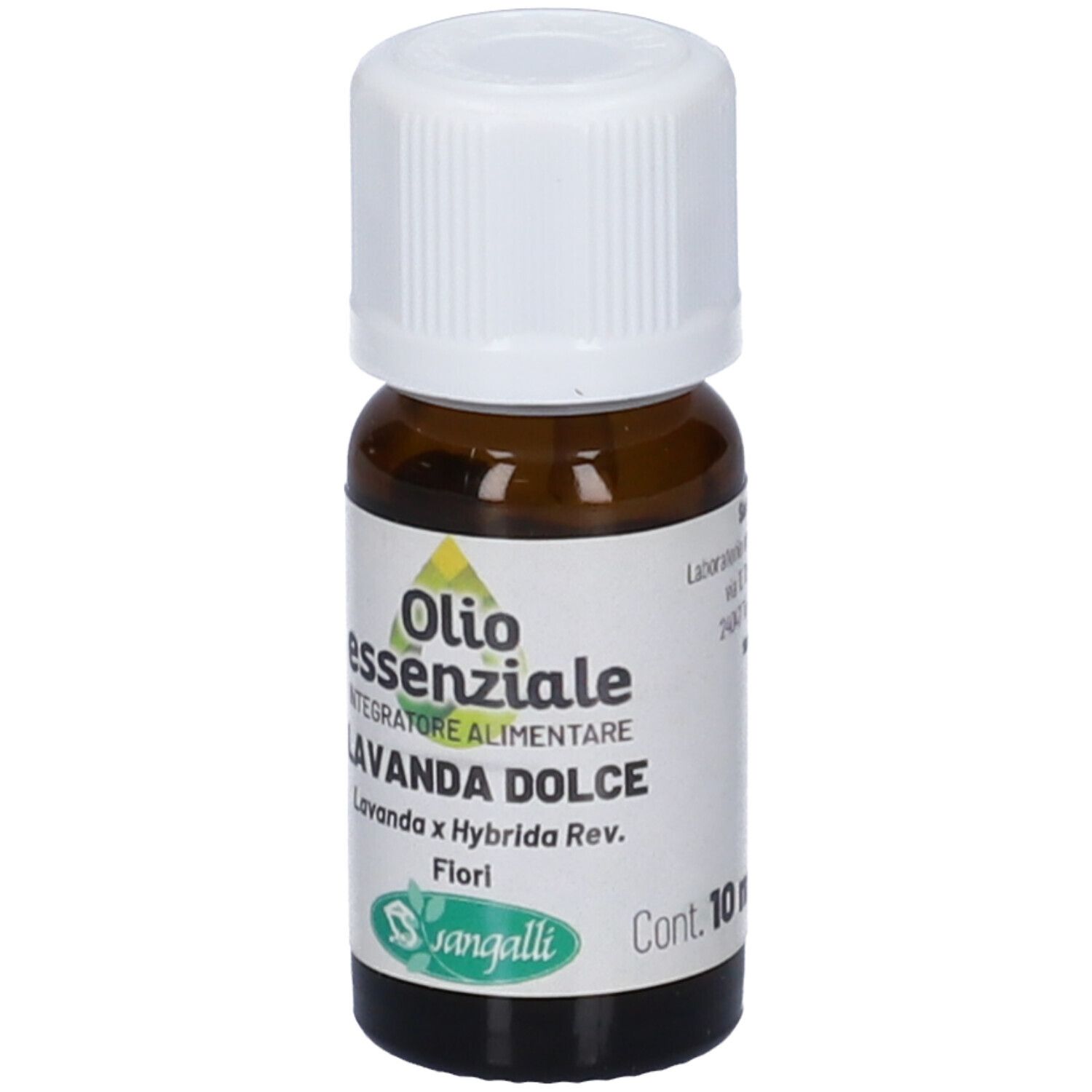 Flacone di vetro marrone con tappo bianco. Etichetta con testo: Olio essenziale, Lavanda Dolce, 10 ml.