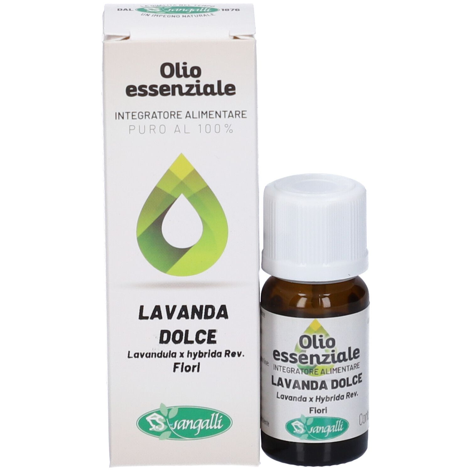 Flacone di vetro marrone e scatola. Scatola con testo: Olio essenziale, Lavanda Dolce, Sangalli.