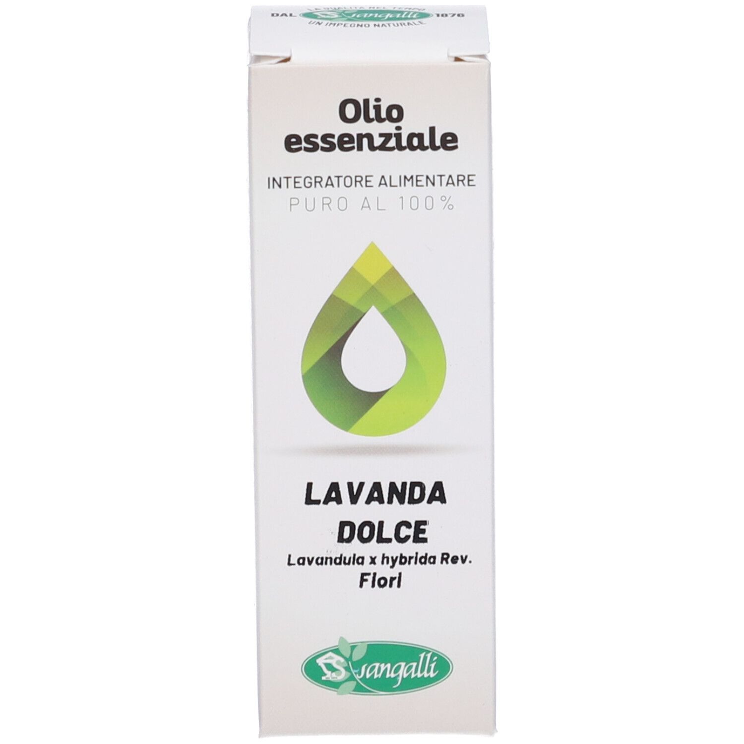 Scatola con testo: Olio essenziale, Lavanda Dolce, Sangalli. Logo verde e bianco.