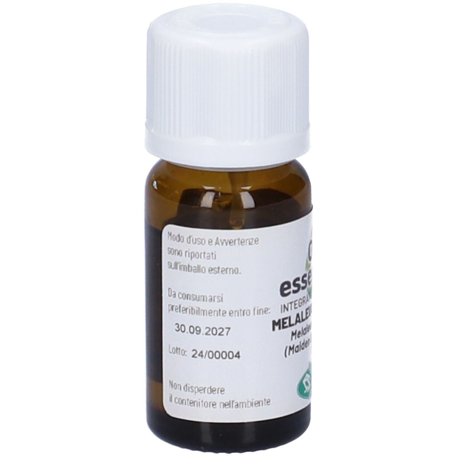 Flacone di vetro marrone con tappo bianco. Etichetta con informazioni, tra cui data di scadenza 30.09.2027.