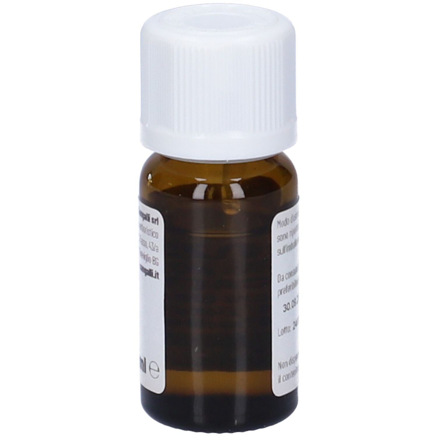 Flacone di vetro marrone con tappo bianco. Etichetta con informazioni. Vista posteriore.