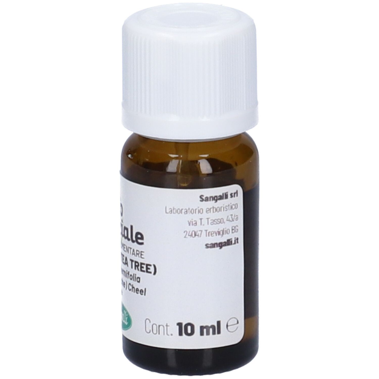 Flacone di vetro marrone con tappo bianco. Etichetta con informazioni sul prodotto e indirizzo.