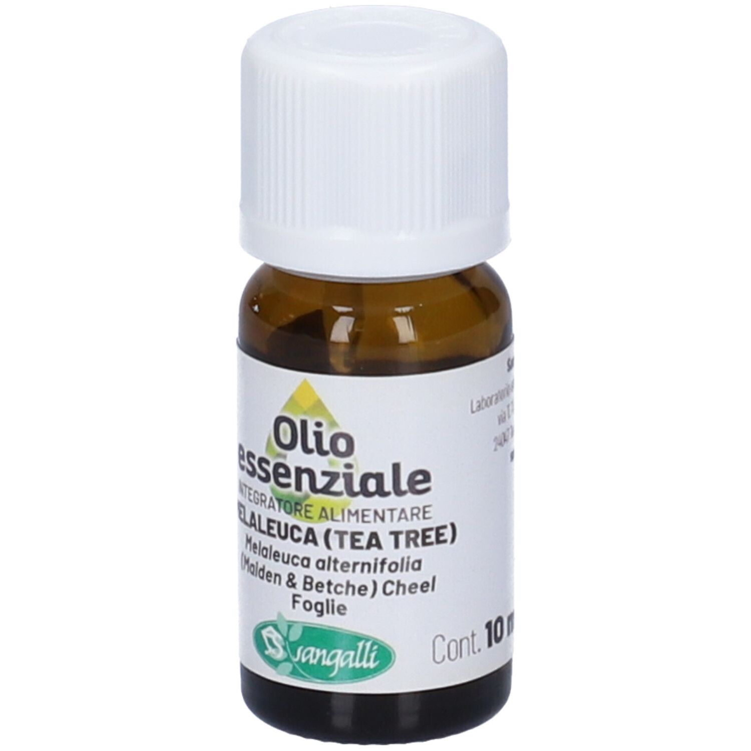 Flacone di vetro marrone con tappo bianco. Etichetta con nome del prodotto e ingredienti. 10 ml.