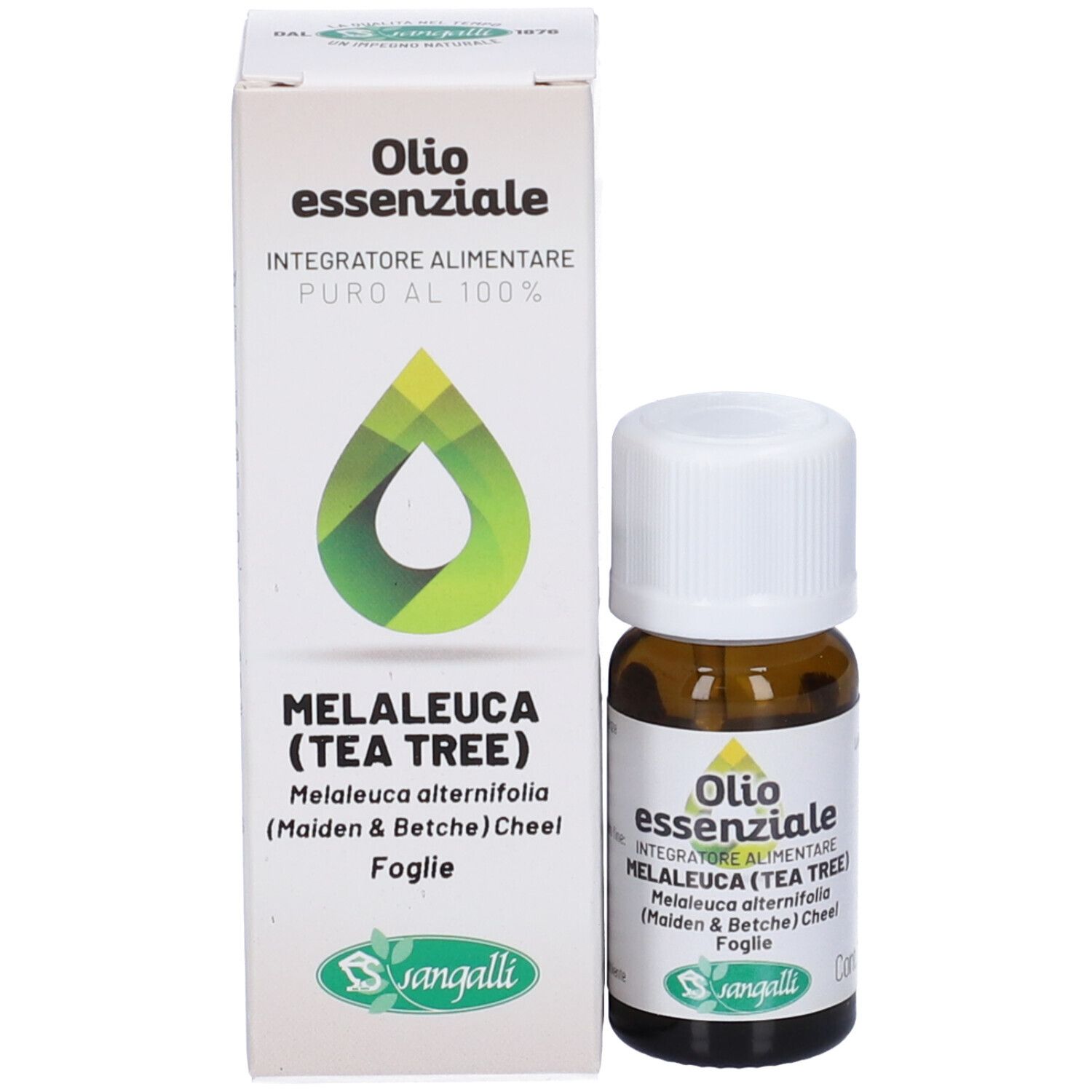 Flacone di vetro marrone e scatola. Flacone con tappo bianco. Scatola con nome del prodotto e logo.