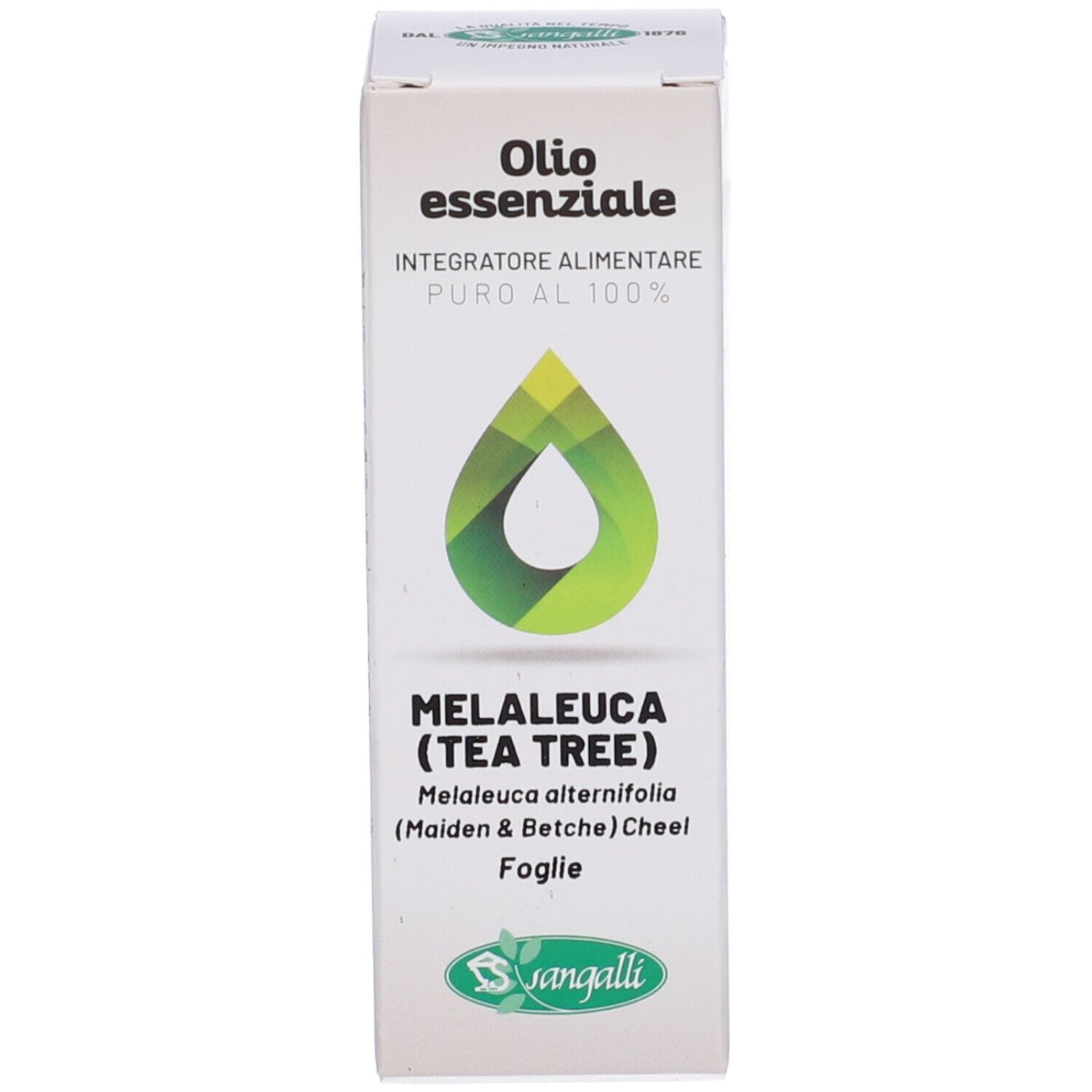 Scatola con nome del prodotto e logo. Design a forma di goccia. Testo: Olio essenziale.