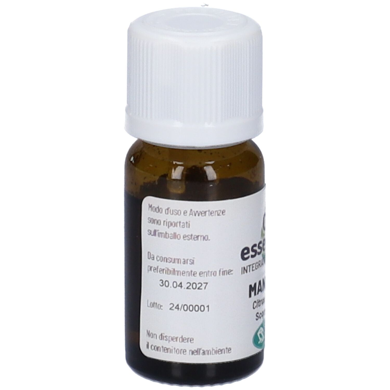 Flacone di vetro marrone con tappo bianco. Etichetta con testo e data di scadenza. Sangalli.