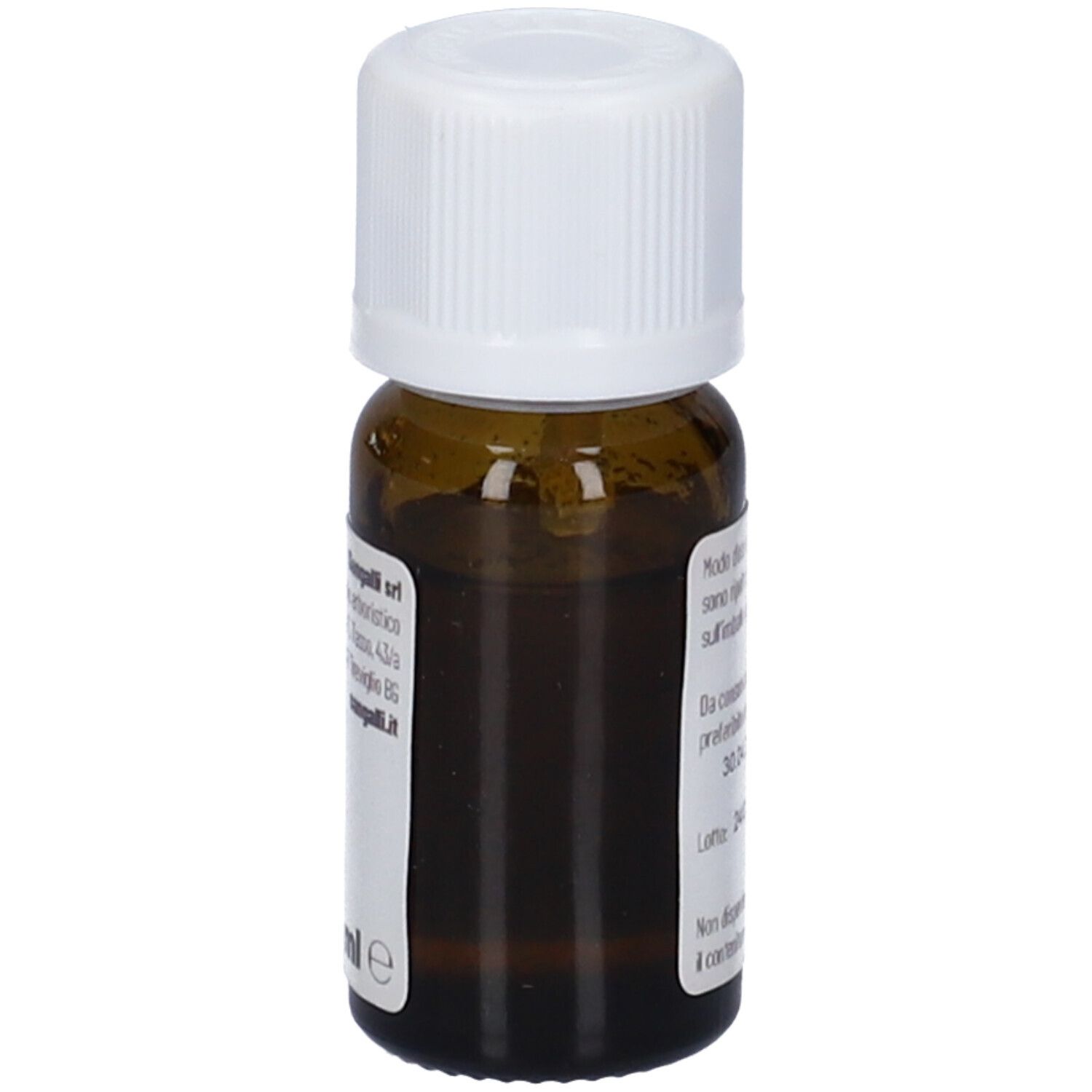 Flacone di vetro marrone con tappo bianco. Etichetta con testo. Sangalli.