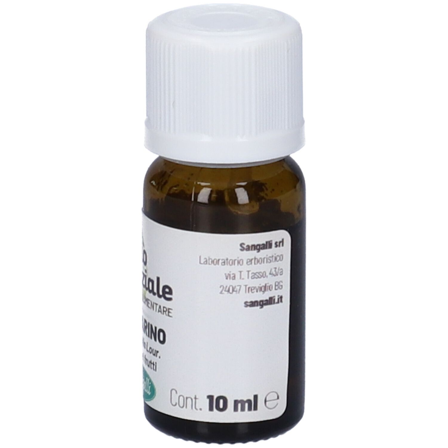 Flacone di vetro marrone con tappo bianco. Etichetta: Olio essenziale, Mandarino, 10 ml. Sangalli.