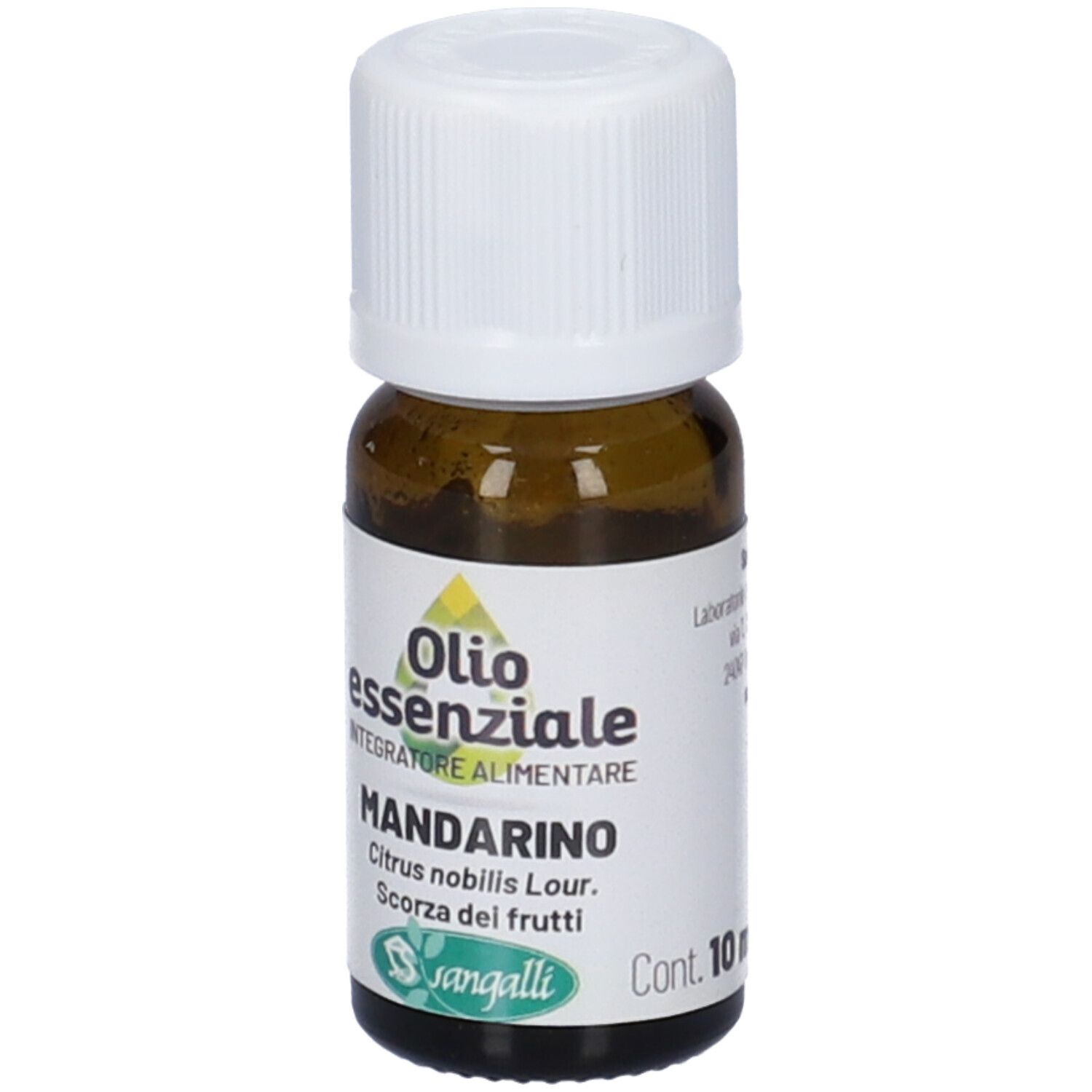 Flacone di vetro marrone con tappo bianco. Etichetta: Olio essenziale, Mandarino, 10 ml. Sangalli.