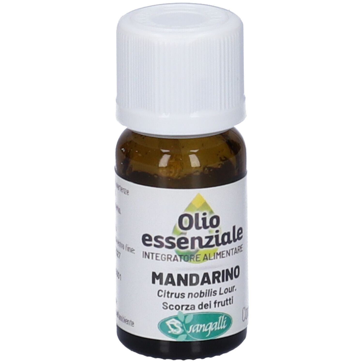 Flacone di vetro marrone con tappo bianco. Etichetta: Olio essenziale, Mandarino. Sangalli.