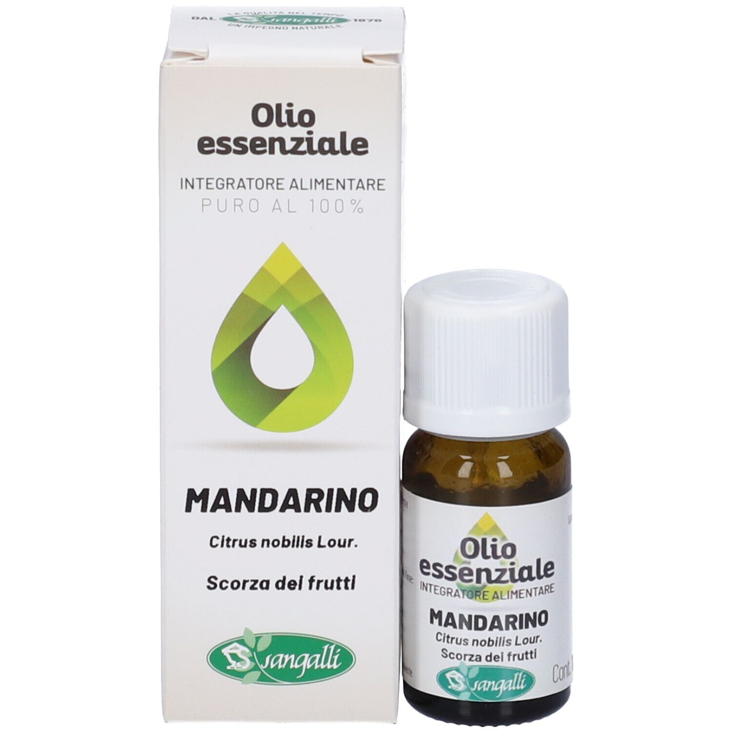 Flacone di vetro marrone con tappo bianco accanto a scatola bianca. Scatola: Olio essenziale, Mandarino. Sangalli.