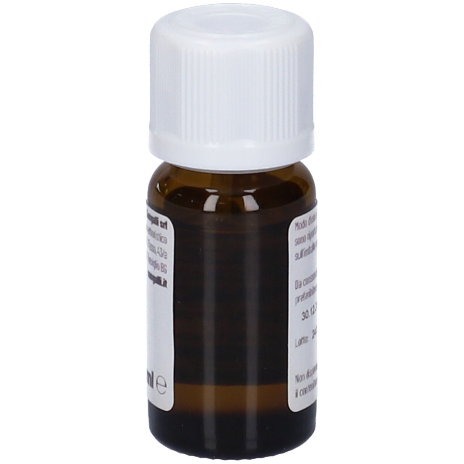 Flacone di vetro marrone con tappo bianco ed etichetta. Scritta: Olio essenziale, Pino. Ulteriori informazioni sull'etichetta.