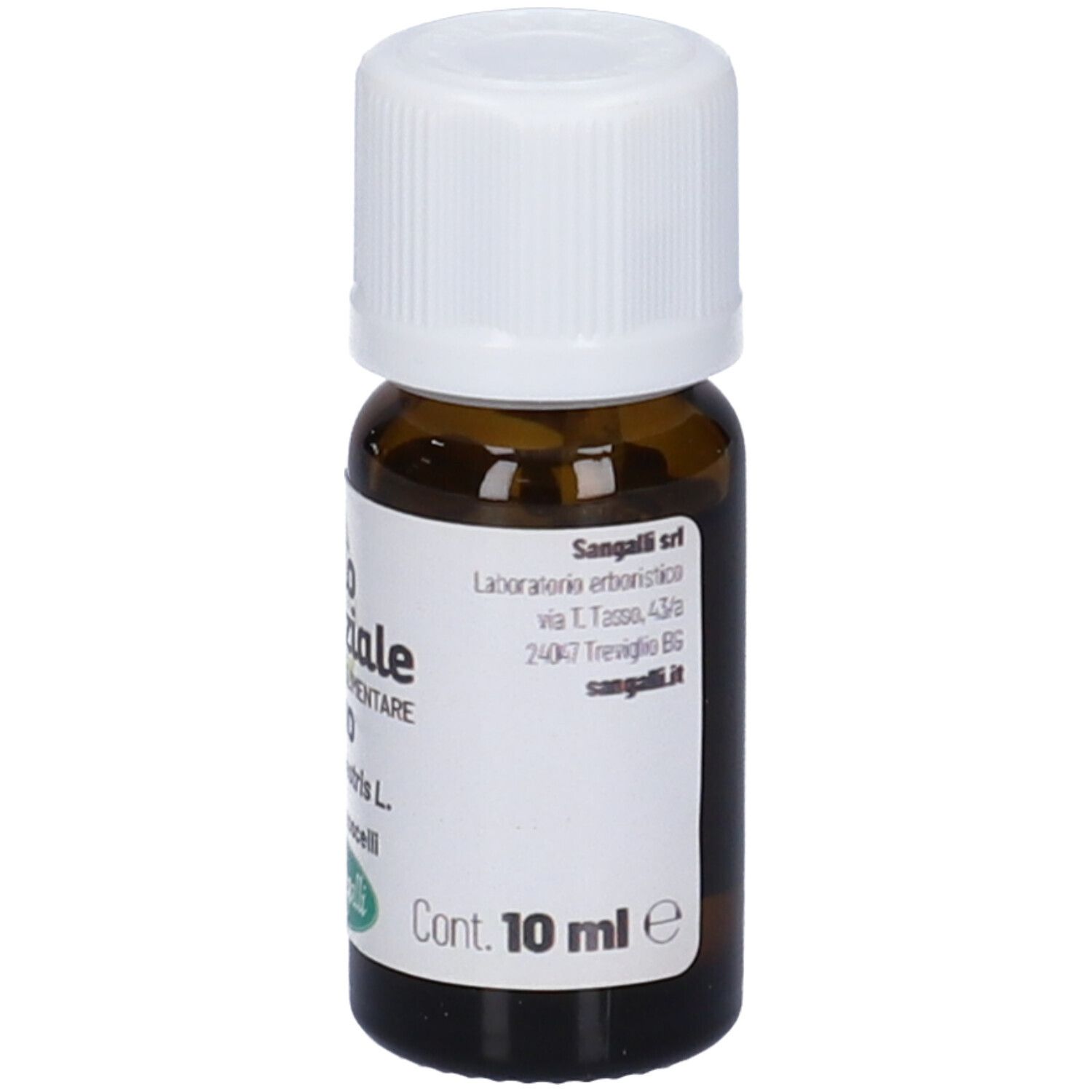 Flacone di vetro marrone con tappo bianco ed etichetta. Scritta: Olio essenziale, Pino. Contenuto: 10 ml. Logo Sangalli.