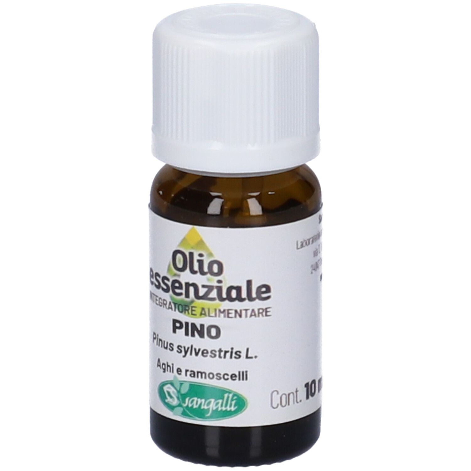 Flacone di vetro marrone con tappo bianco ed etichetta. Scritta: Olio essenziale, Pino, Integratore alimentare. Logo Sangalli.