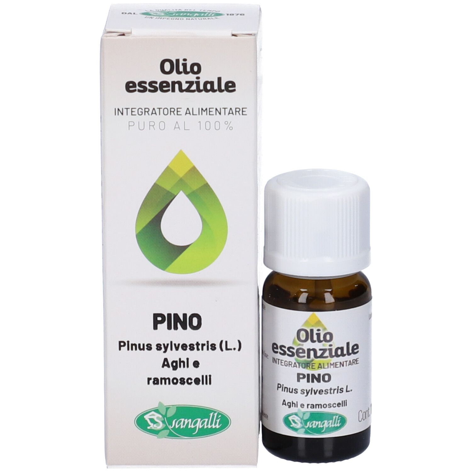 Flacone di vetro marrone con tappo bianco e scatola. Scritta: Olio essenziale, Pino, PURO AL 100%. Logo Sangalli. Scatola con design a goccia.