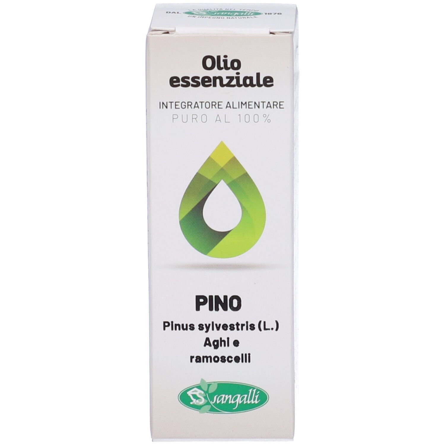 Scatola con design a goccia. Scritta: Olio essenziale, Pino, PURO AL 100%. Logo Sangalli. Contiene informazioni sul prodotto.