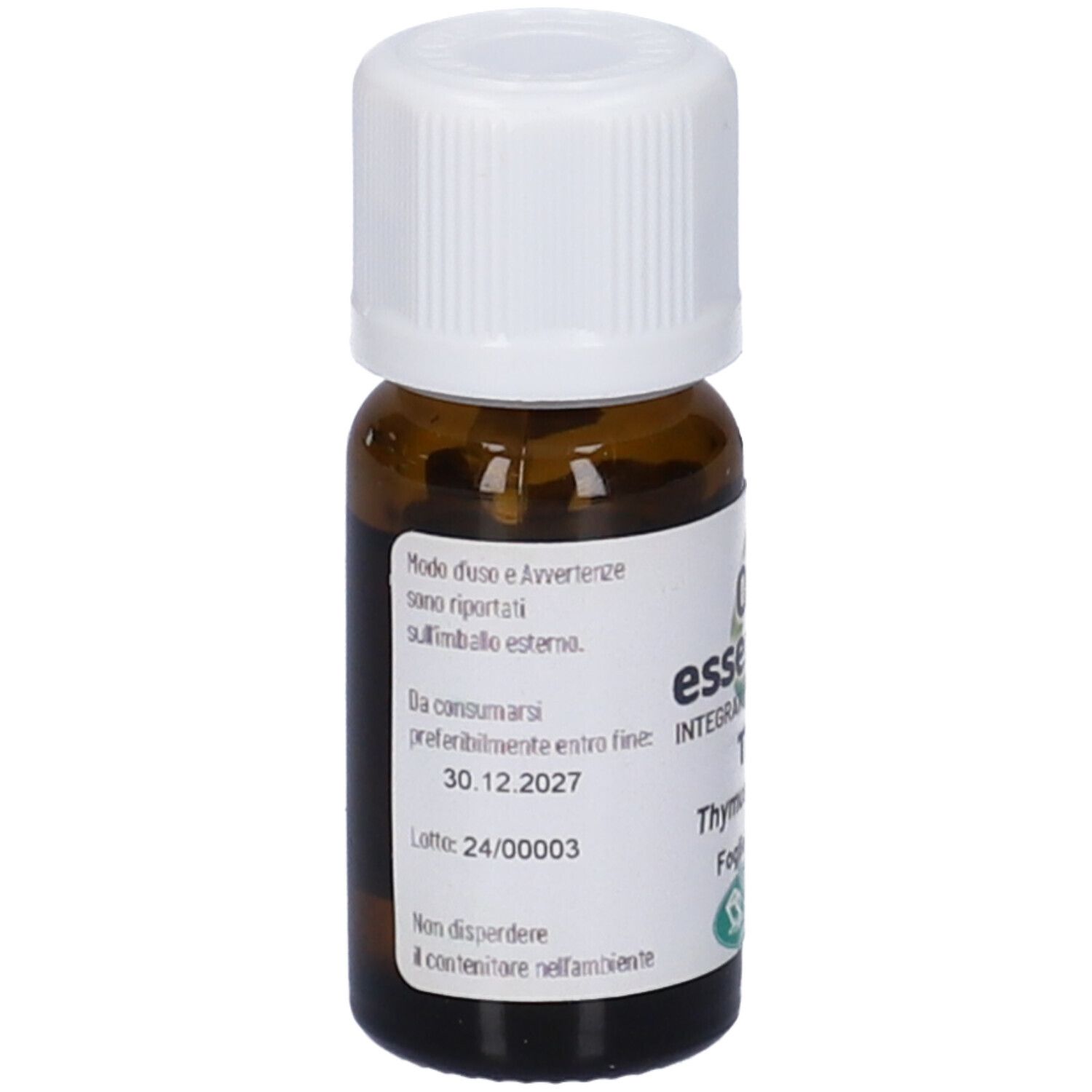 Flacone di vetro marrone con tappo bianco. Etichetta con informazioni prodotto e data di scadenza.