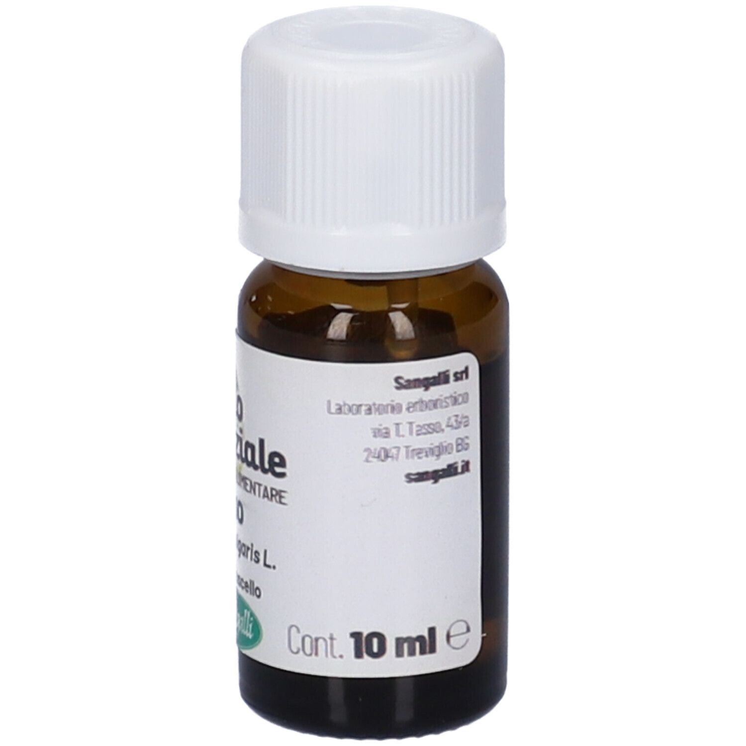 Flacone di vetro marrone con tappo bianco. Etichetta con nome prodotto e volume.