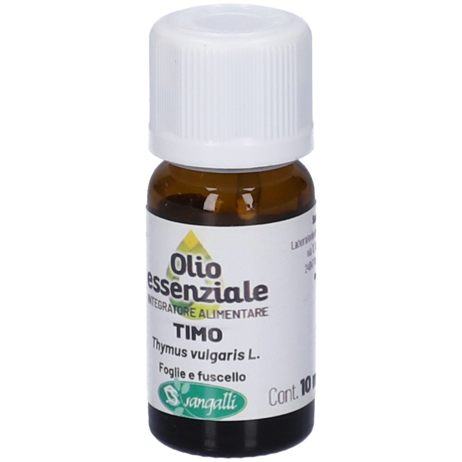 Flacone di vetro marrone con tappo bianco. Etichetta con nome prodotto, ingredienti e logo.