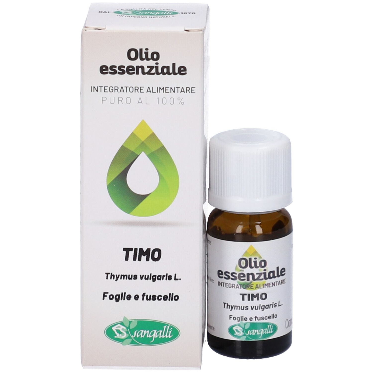 Flacone di vetro marrone con tappo bianco e confezione in cartone. Nome prodotto su etichetta e scatola.