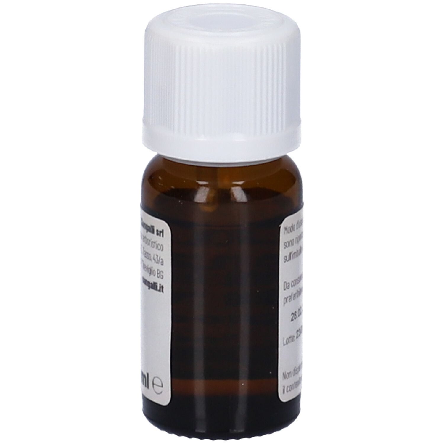 Flacone di vetro marrone con tappo bianco. Etichetta con informazioni sul prodotto e indirizzo del produttore.