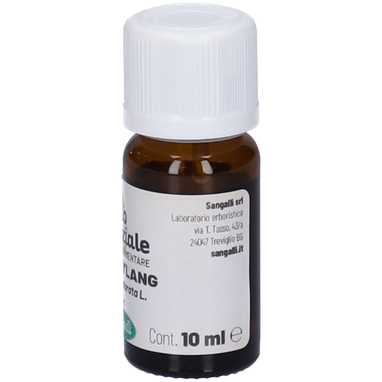 Flacone di vetro marrone con tappo bianco. Etichetta con informazioni sul prodotto e indicazione del volume 10 ml.