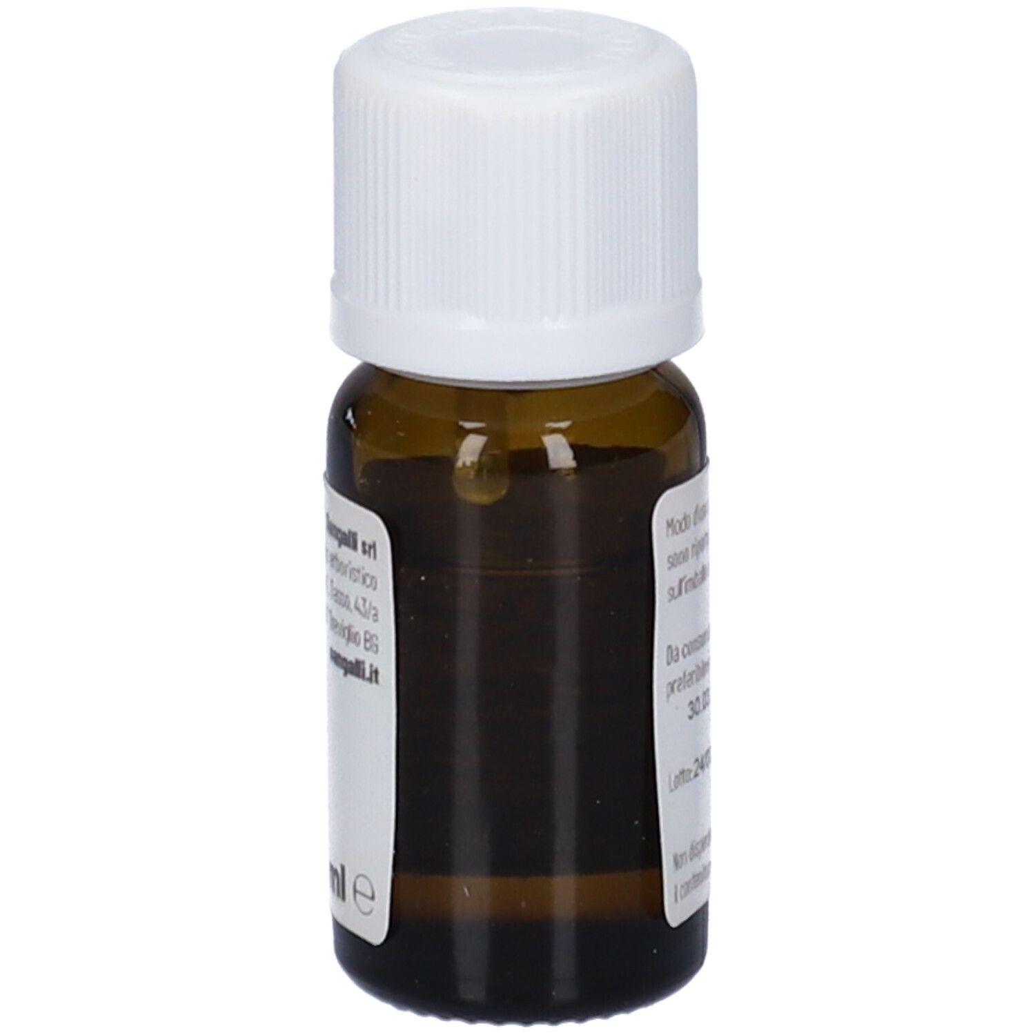 Flacone di vetro marrone con tappo bianco. Etichetta con testo. Marchio: Sangalli.