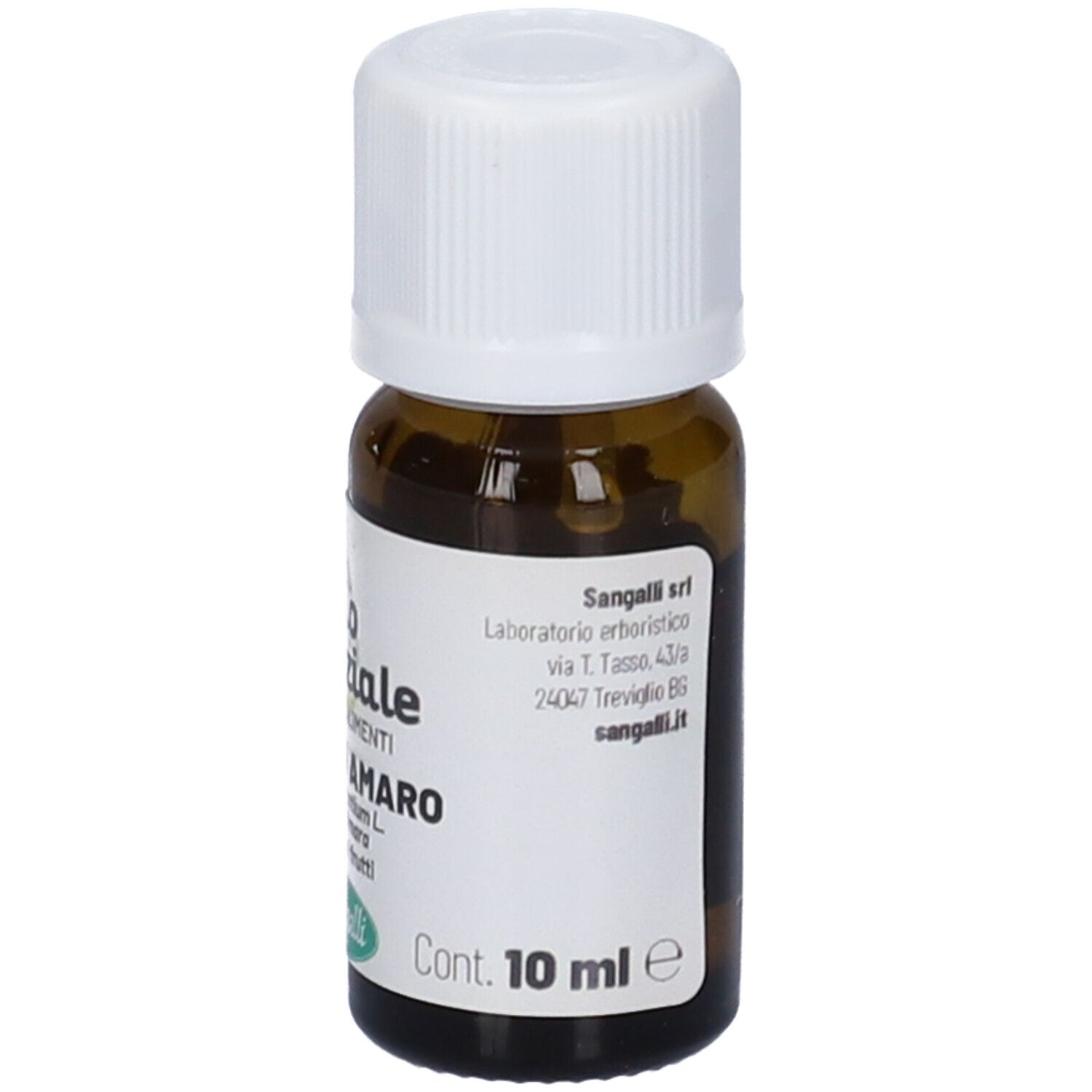 Flacone di vetro marrone con tappo bianco. Etichetta con testo e volume. Marchio: Sangalli.