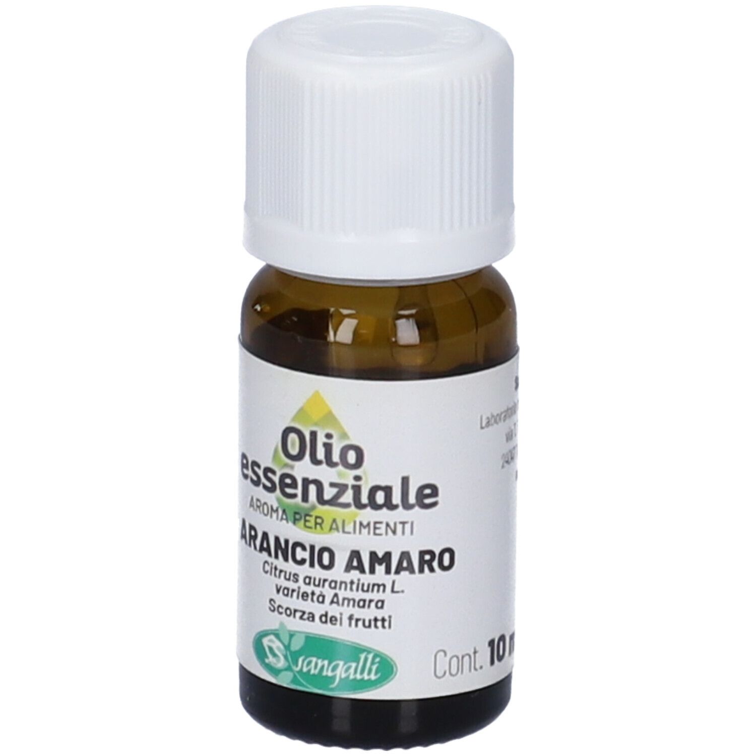 Flacone di vetro marrone con tappo bianco. Etichetta con testo. Marchio: Sangalli. Volume: 10 ml.