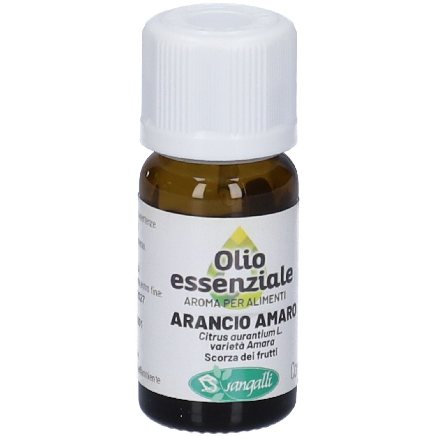 Flacone di vetro marrone con tappo bianco. Etichetta con testo. Marchio: Sangalli.