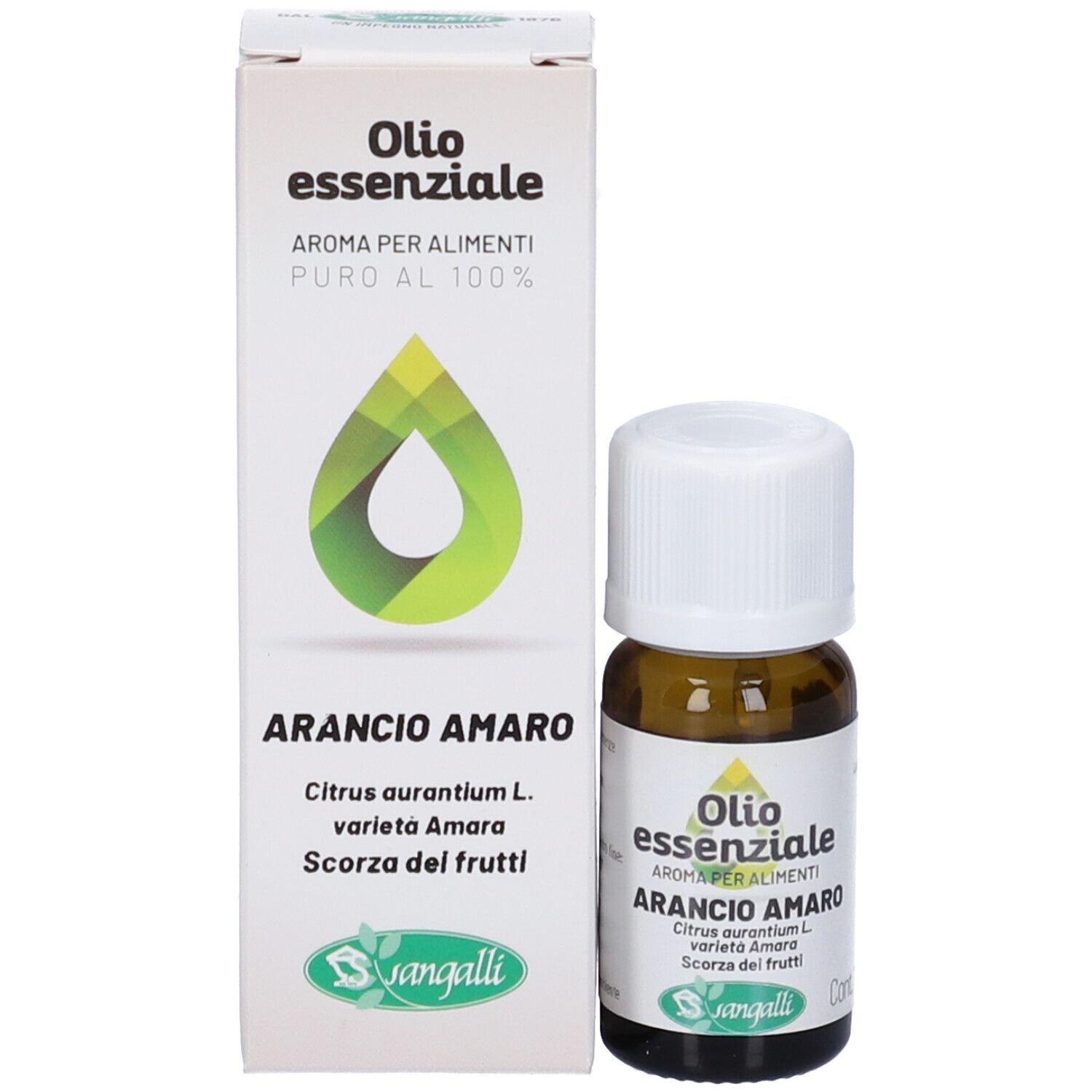 Flacone di vetro marrone con tappo bianco e scatola. Scatola con logo e testo: Olio essenziale Arancio amaro. Marchio: Sangalli.