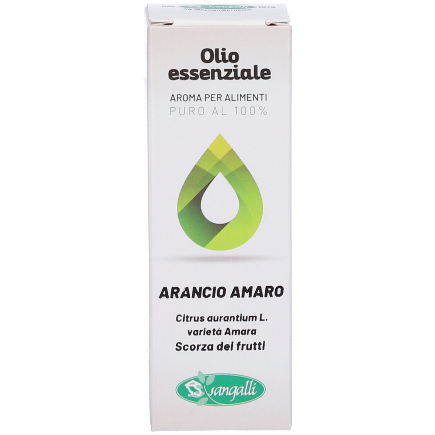 Confezione in cartone bianco con logo e testo: Olio essenziale Arancio amaro. Marchio: Sangalli.