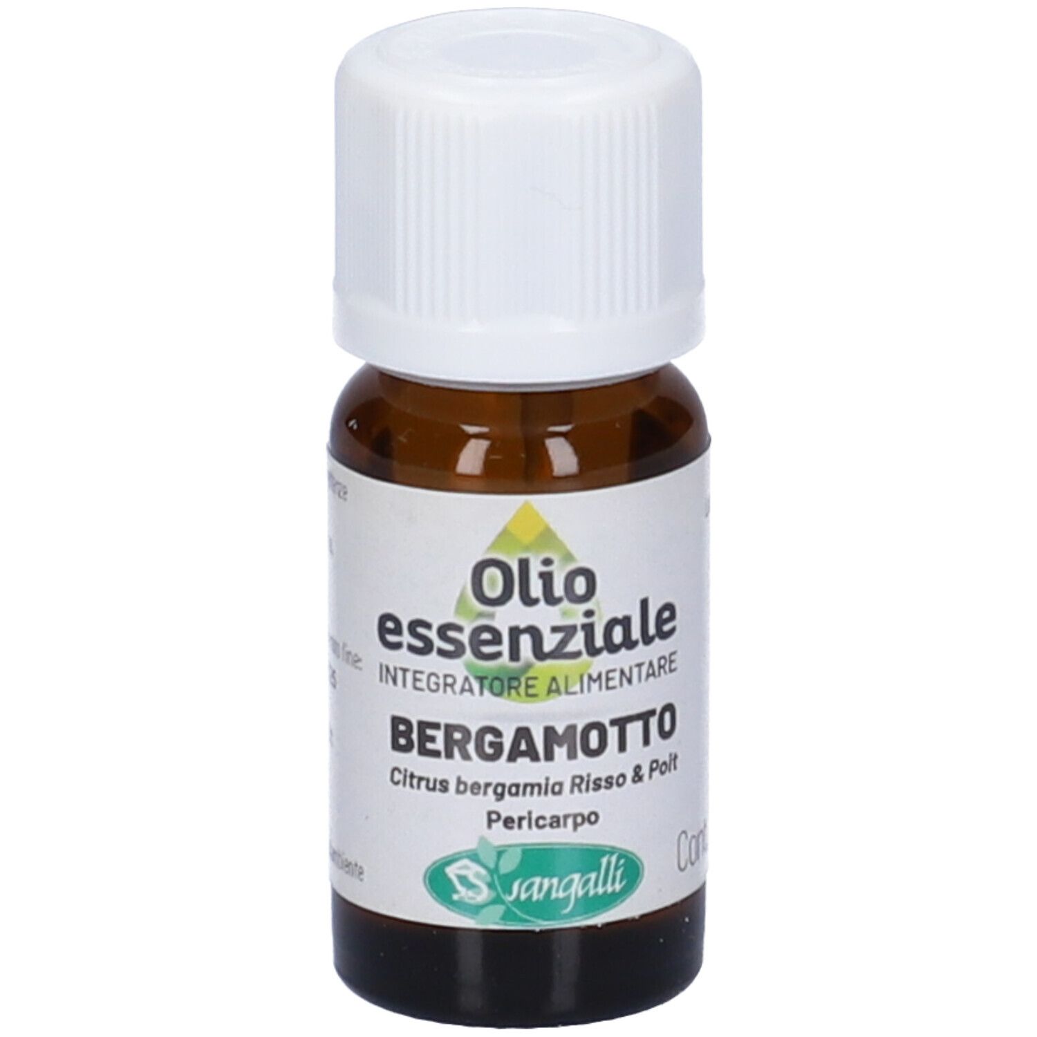 Flacone di vetro marrone con tappo bianco. Etichetta con testo: Olio essenziale Bergamotto. Marchio Sangalli.