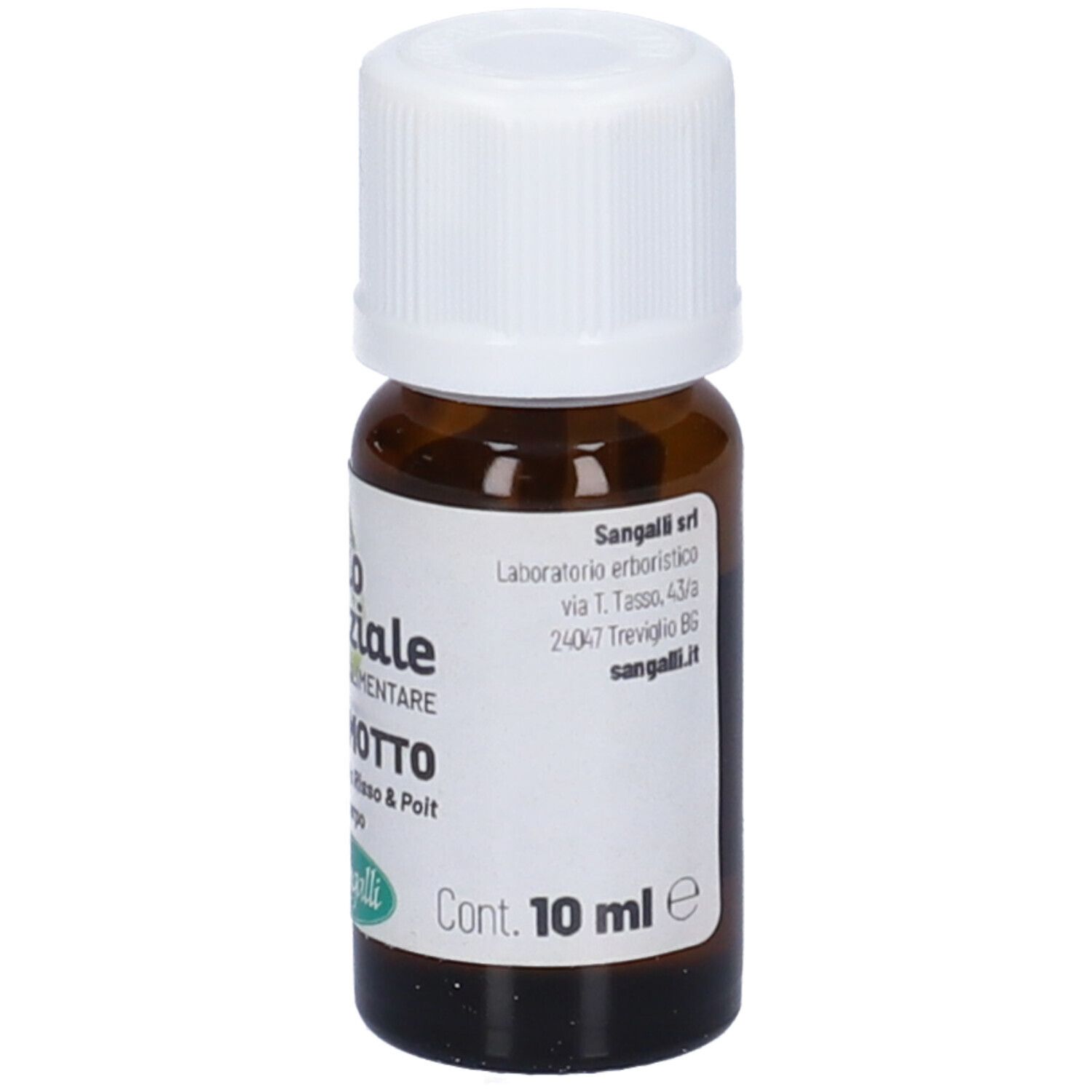 Flacone di vetro marrone con tappo bianco. Etichetta con testo: Olio essenziale Bergamotto. Marchio Sangalli. 10 ml.