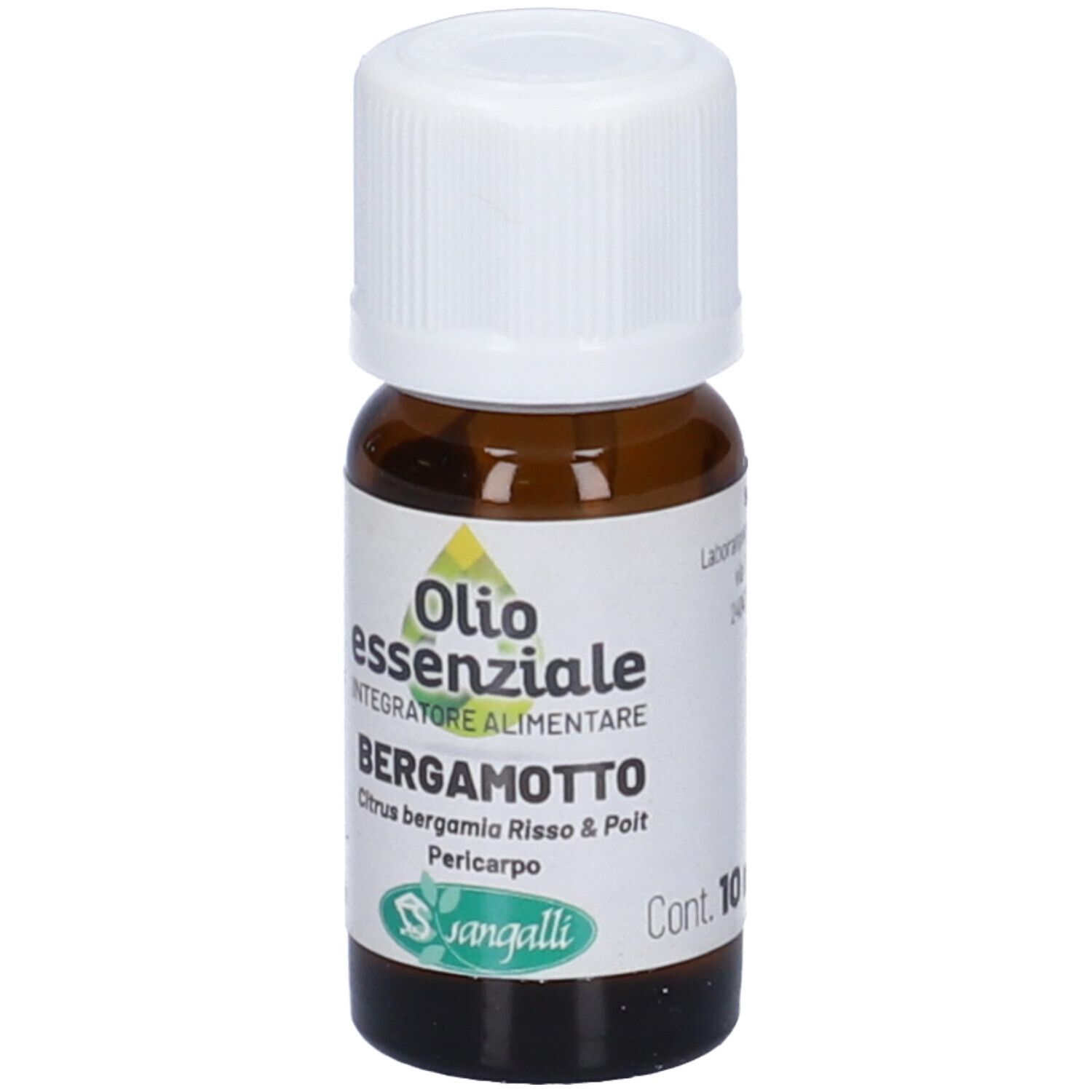Flacone di vetro marrone con tappo bianco. Etichetta con testo: Olio essenziale Bergamotto. Marchio Sangalli. 10 ml.