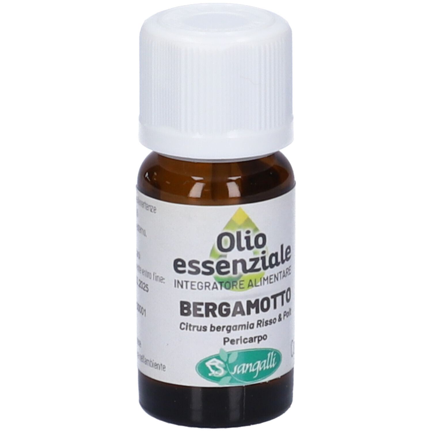 Flacone di vetro marrone con tappo bianco. Etichetta con testo: Olio essenziale Bergamotto. Marchio Sangalli.