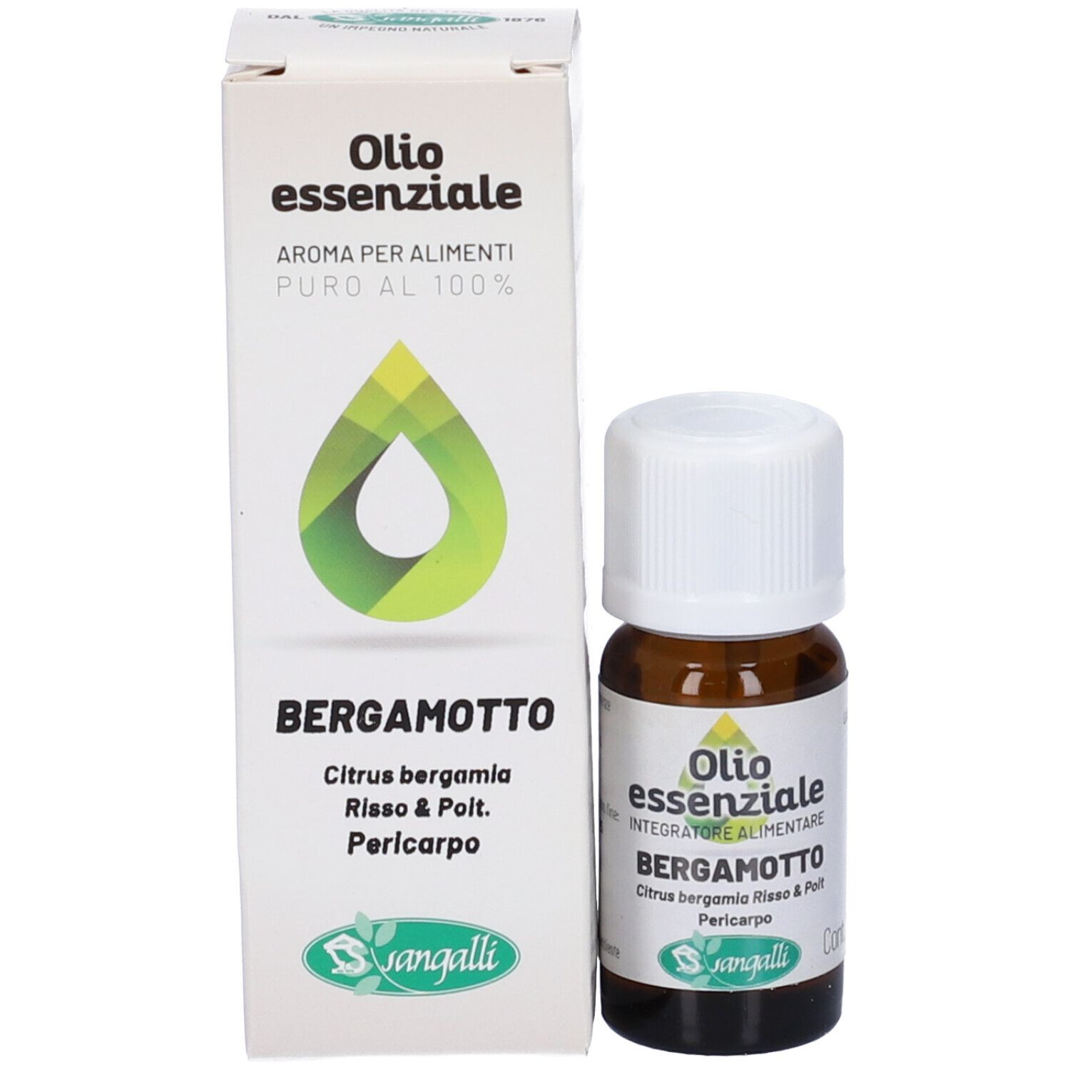 Flacone di vetro marrone con tappo bianco e scatola. Scatola con testo: Olio essenziale Bergamotto. Marchio Sangalli.