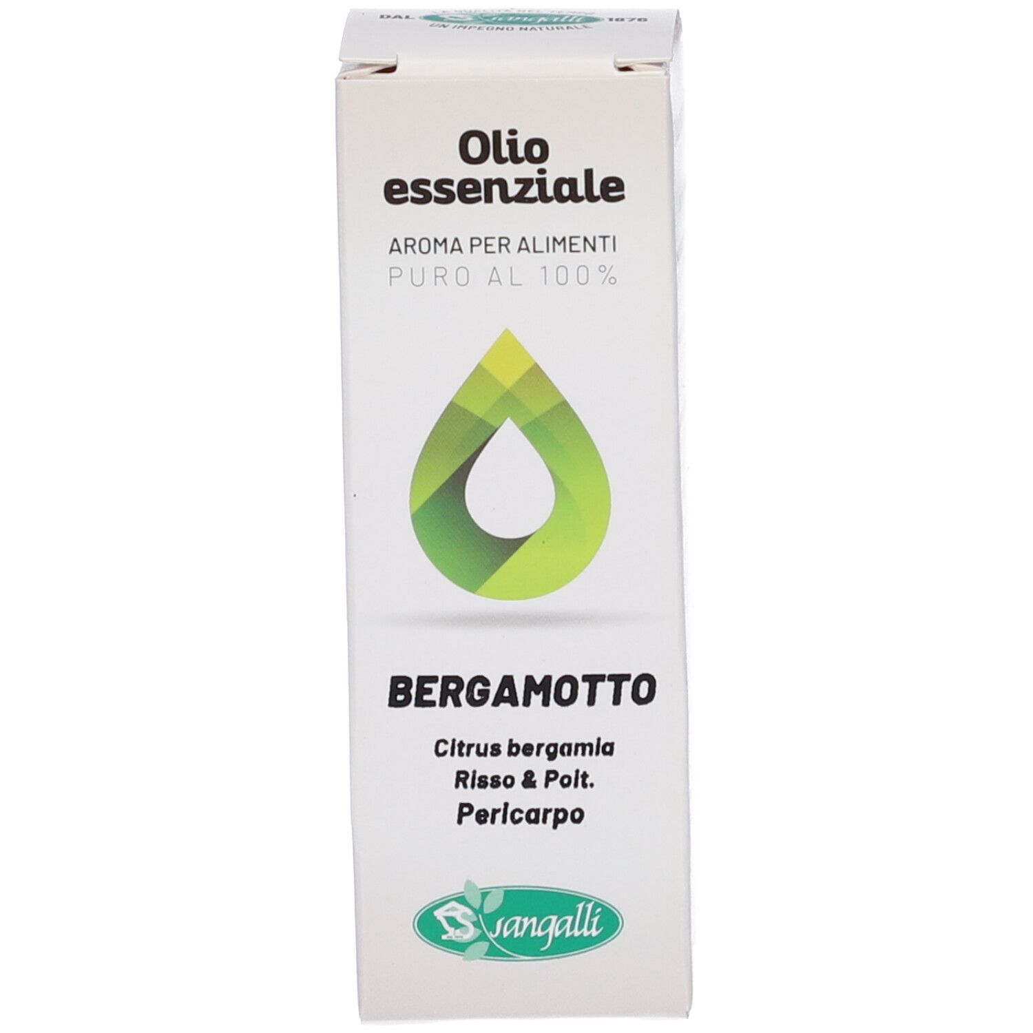 Scatola con testo: Olio essenziale Bergamotto. Marchio Sangalli. Logo a forma di goccia.