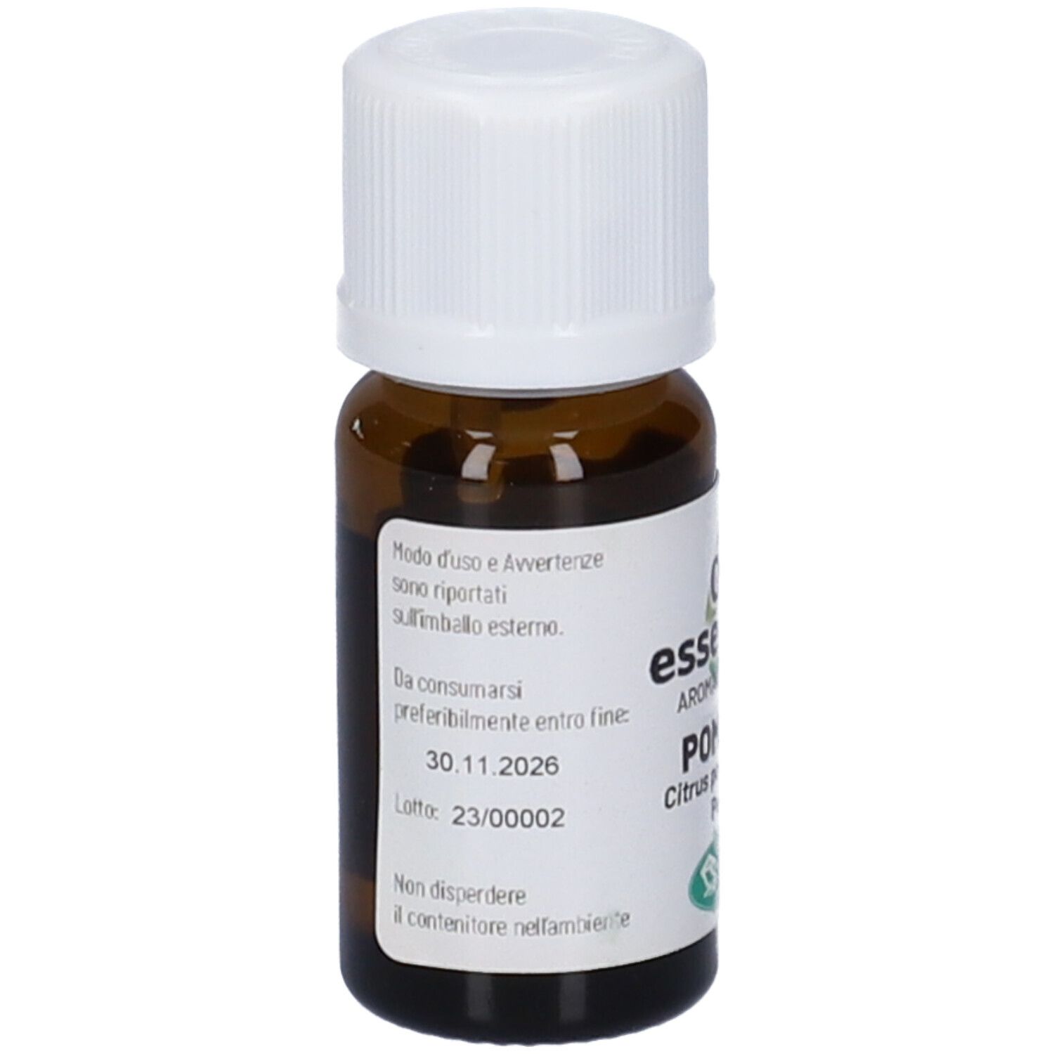 Flacone di vetro marrone con tappo bianco. Etichetta con informazioni sul prodotto. Sangalli Pompelmo Olio Essenziale.