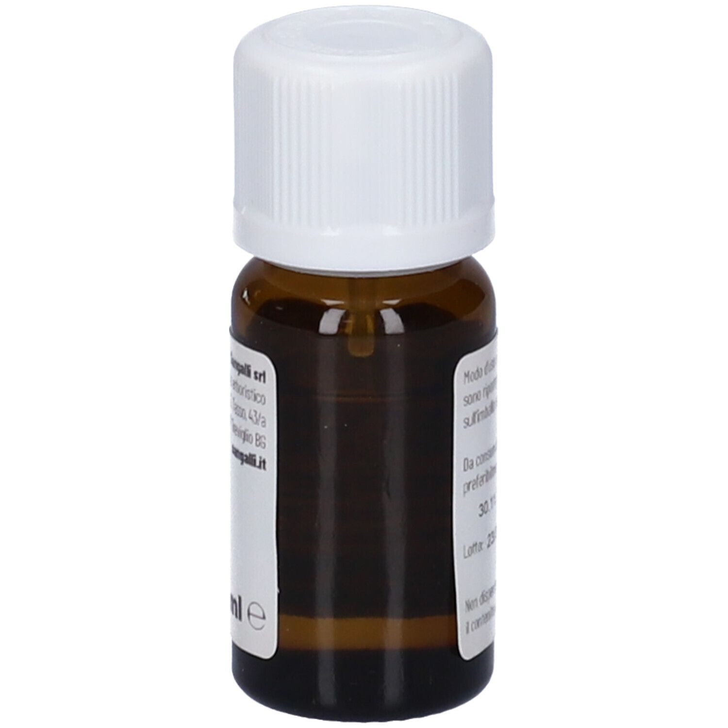 Flacone di vetro marrone con tappo bianco. Etichetta con informazioni sul prodotto. Sangalli Pompelmo Olio Essenziale.