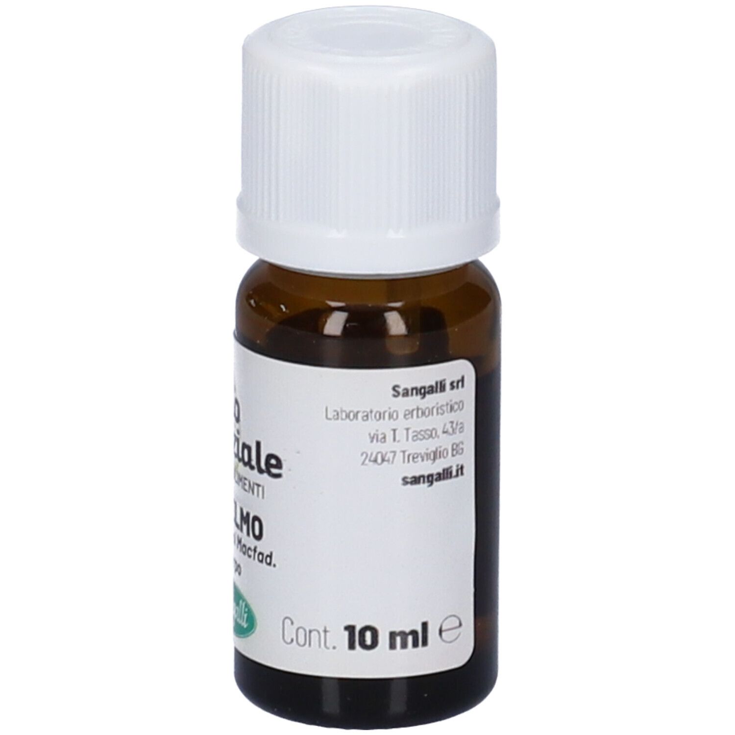 Flacone di vetro marrone con tappo bianco. Etichetta con informazioni e volume. Sangalli Pompelmo Olio Essenziale.