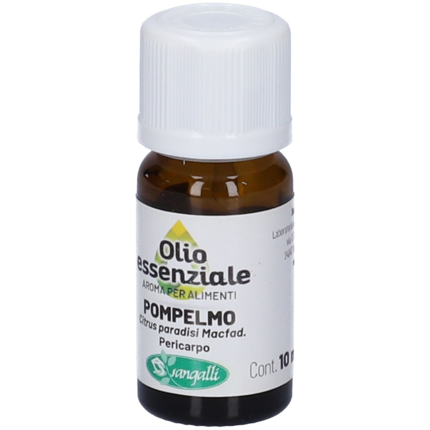 Flacone di vetro marrone con tappo bianco. Etichetta con informazioni sul prodotto. Sangalli Pompelmo Olio Essenziale.
