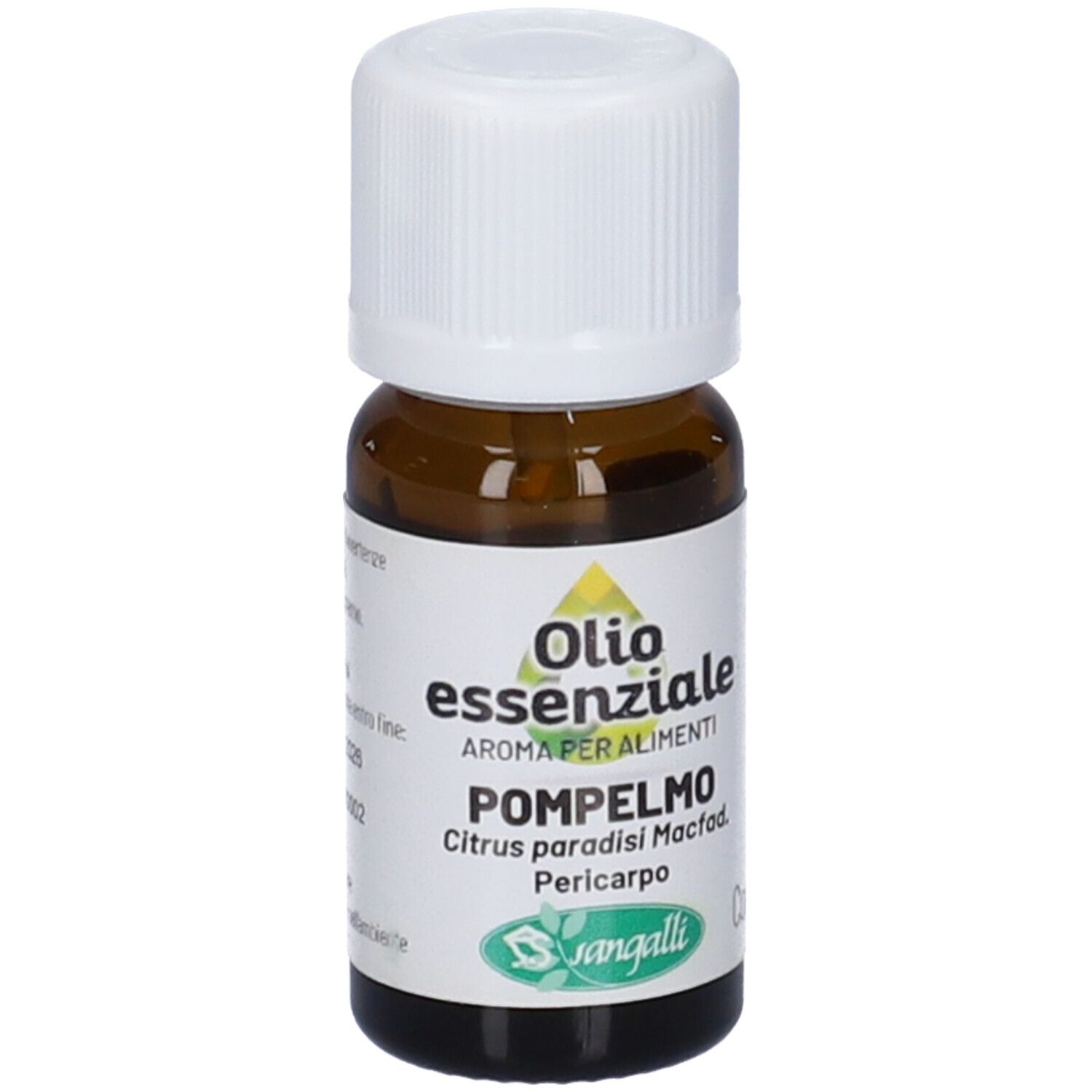 Flacone di vetro marrone con tappo bianco. Etichetta con informazioni sul prodotto. Sangalli Pompelmo Olio Essenziale.