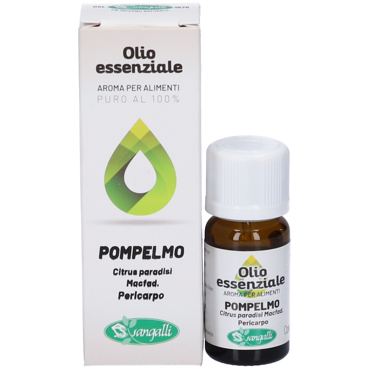 Flacone e confezione del prodotto. Flacone marrone con tappo bianco e scatola. Sangalli Pompelmo Olio Essenziale.