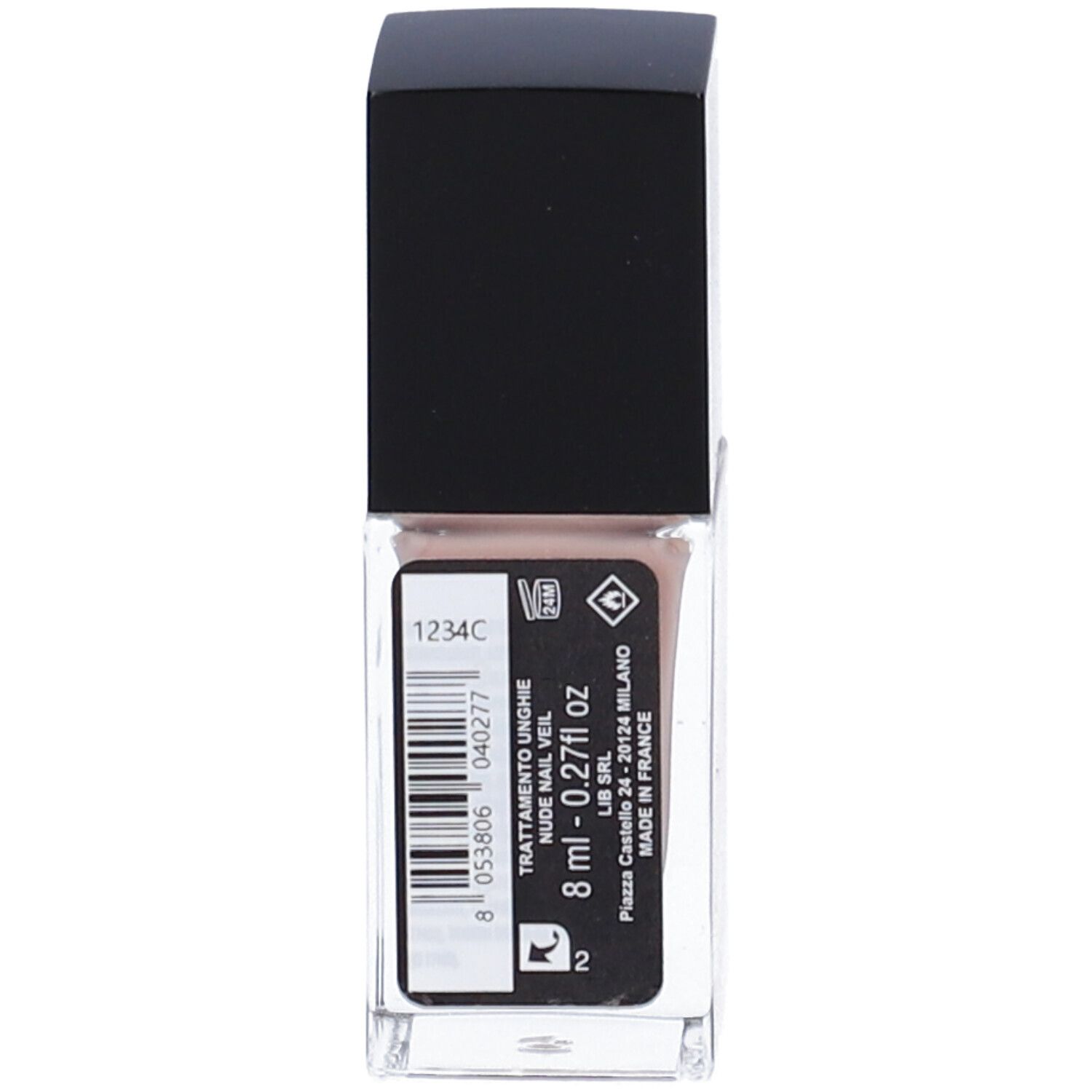 Flacone di smalto con tappo nero. Scritta: TRATTAMENTO UNGHIE, 8 ml - 0.27fl oz, MADE IN FRANCE.